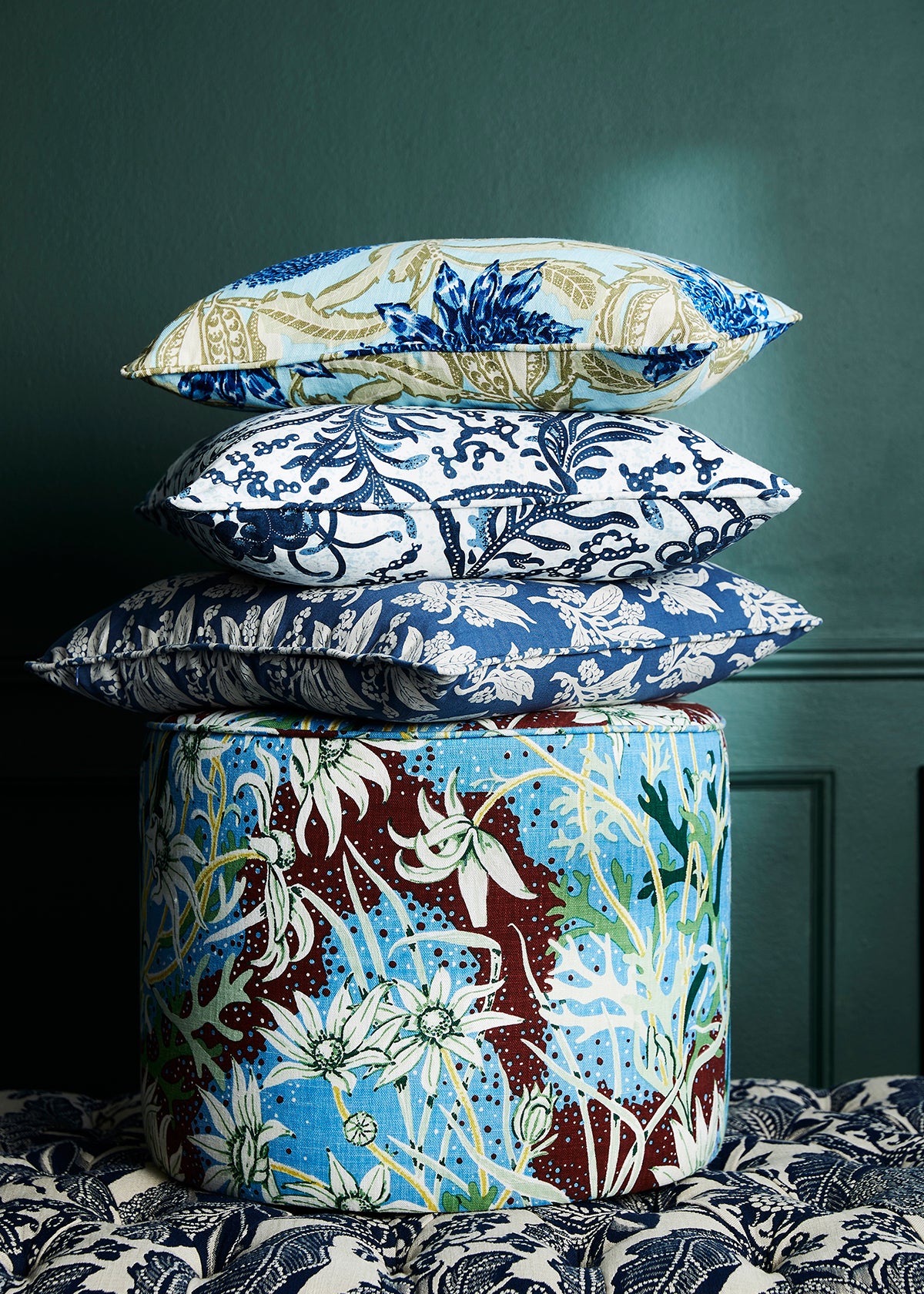 Flannel Flower Sky Ottoman - Flannel Flower Sky Linen