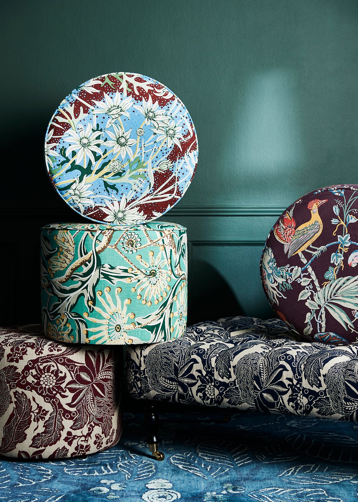 Flannel Flower Sky Ottoman - Flannel Flower Sky Linen