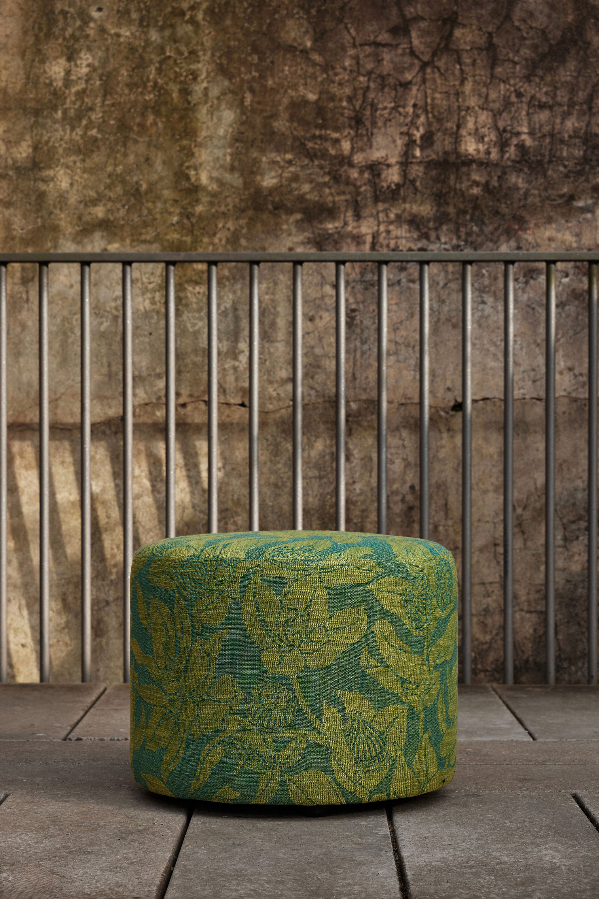 Small Round Ottoman - Mottlecah Green Performance