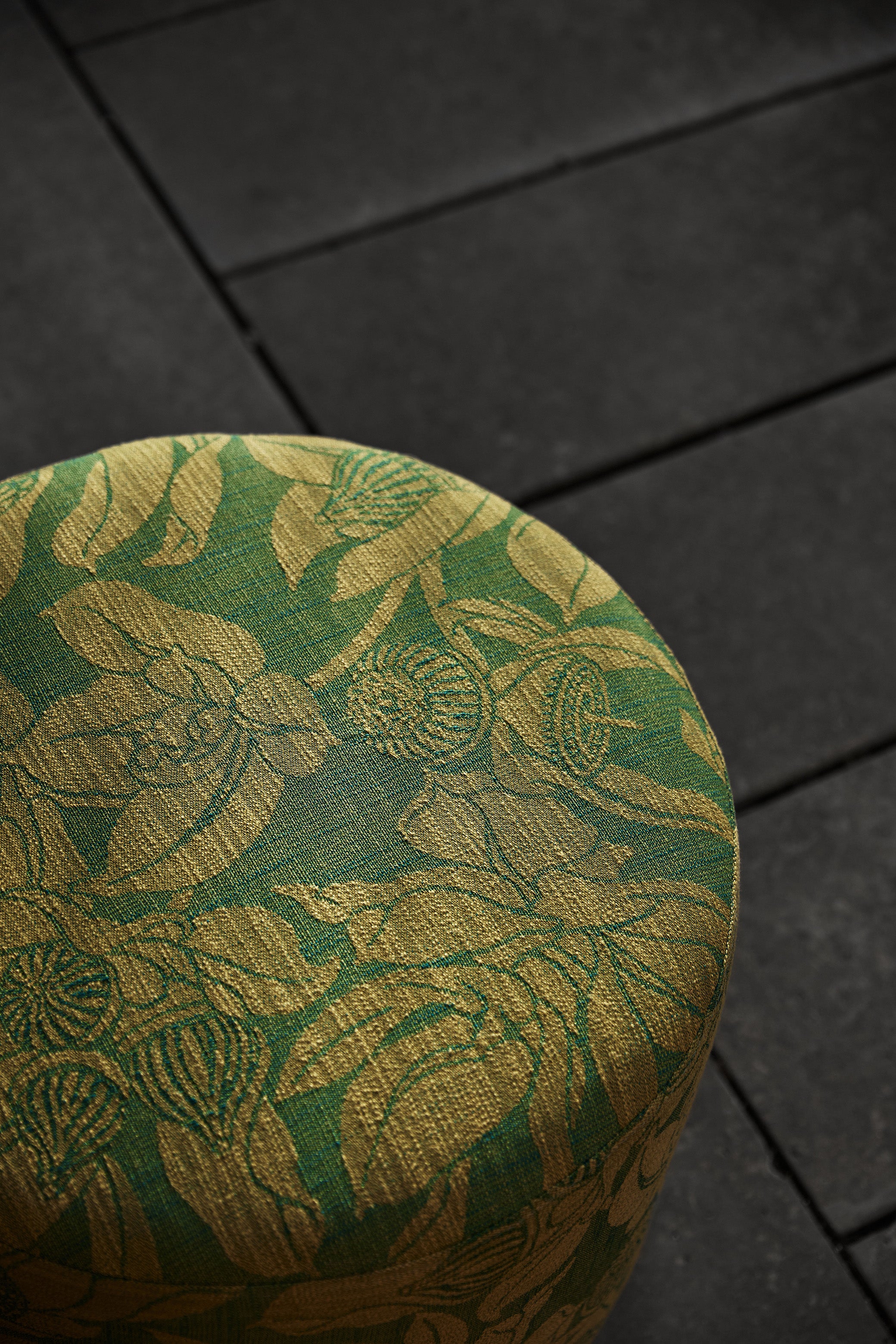 Small Round Ottoman - Mottlecah Green Performance
