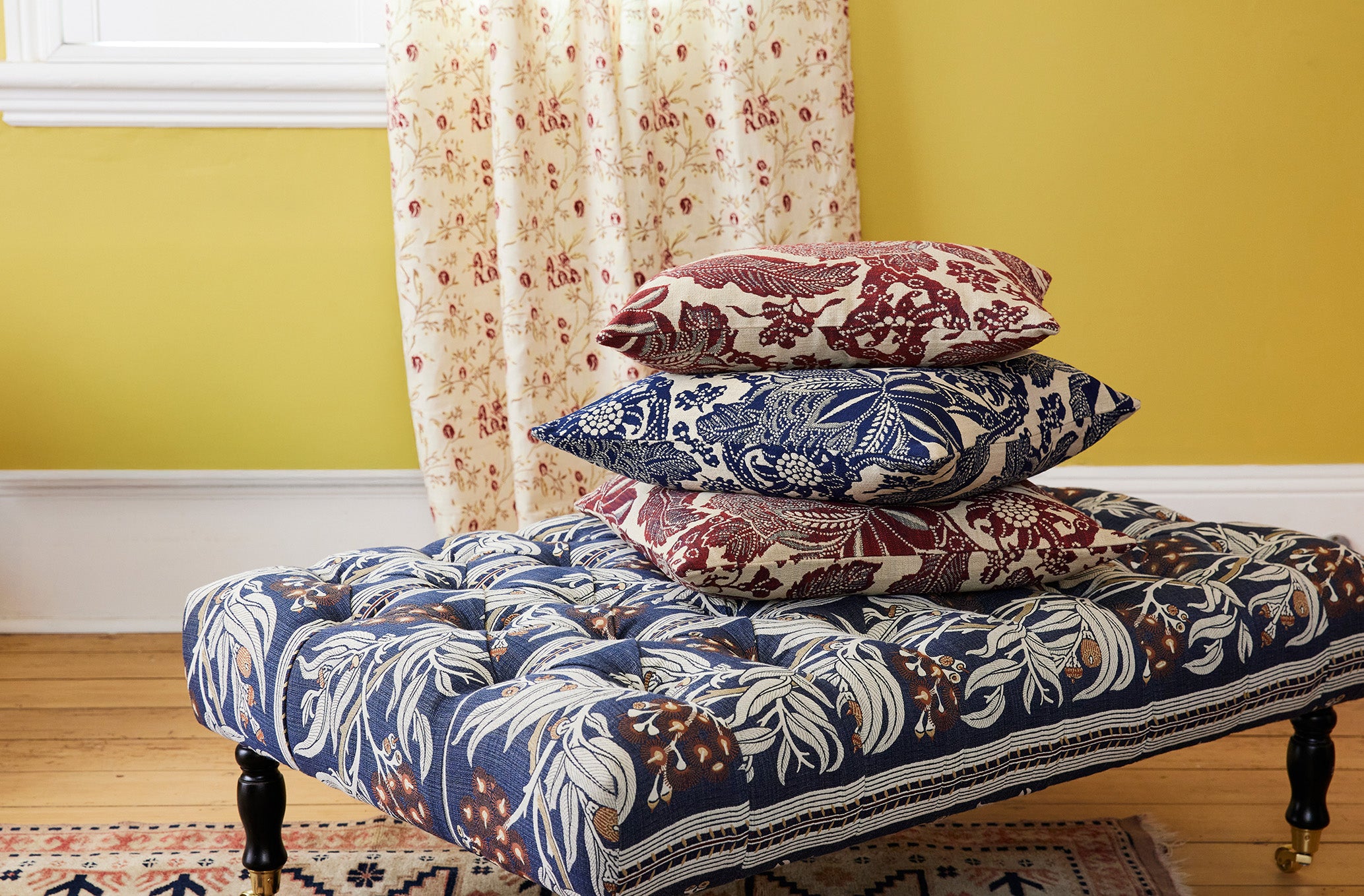Classic Deep Button Ottoman - Gum Blossom Stripe Navy Performance Fabric