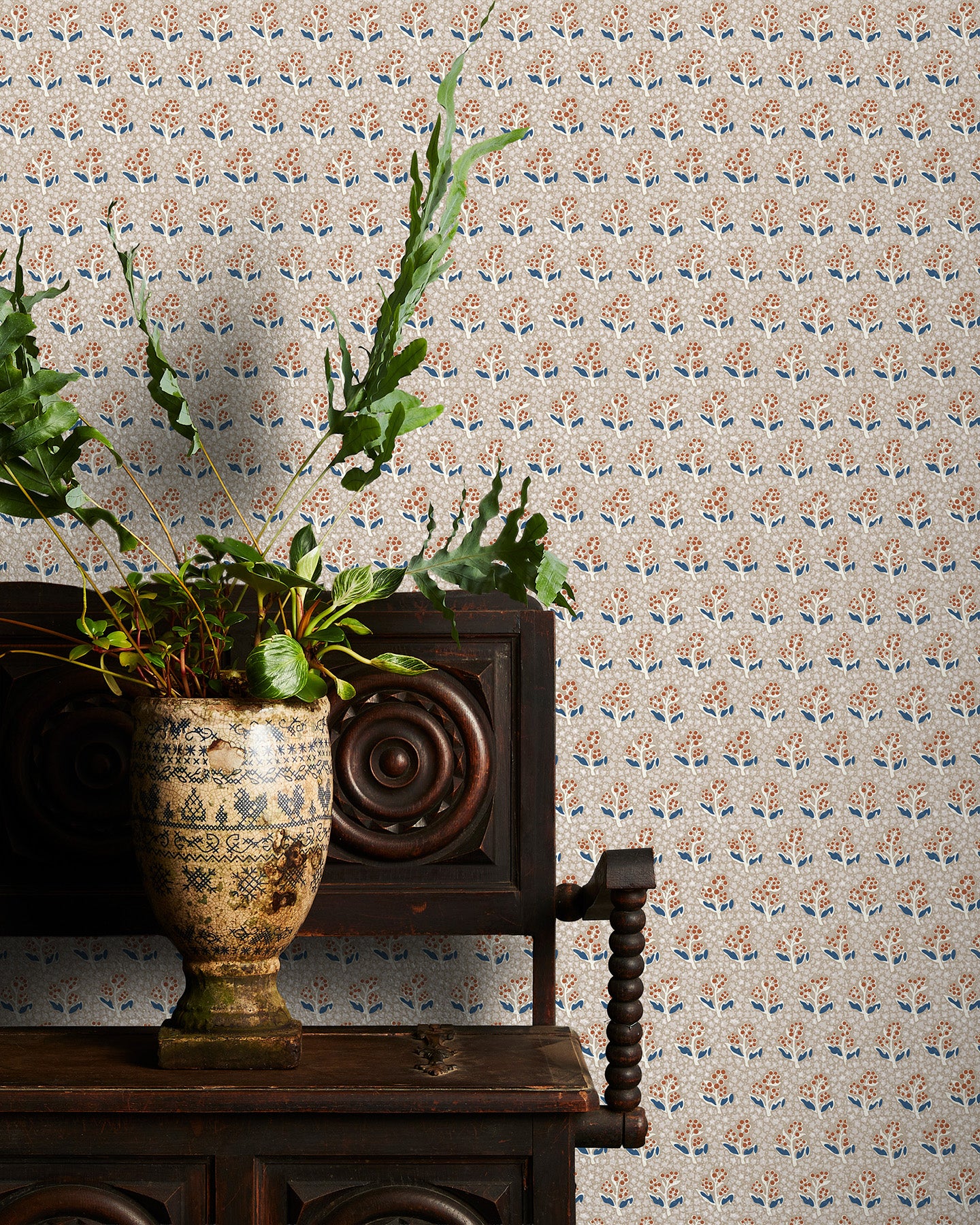 Utopia Goods beige wallpaper - Designer floral wallpaper-Acacia Star Stone & Blue Wallpaper