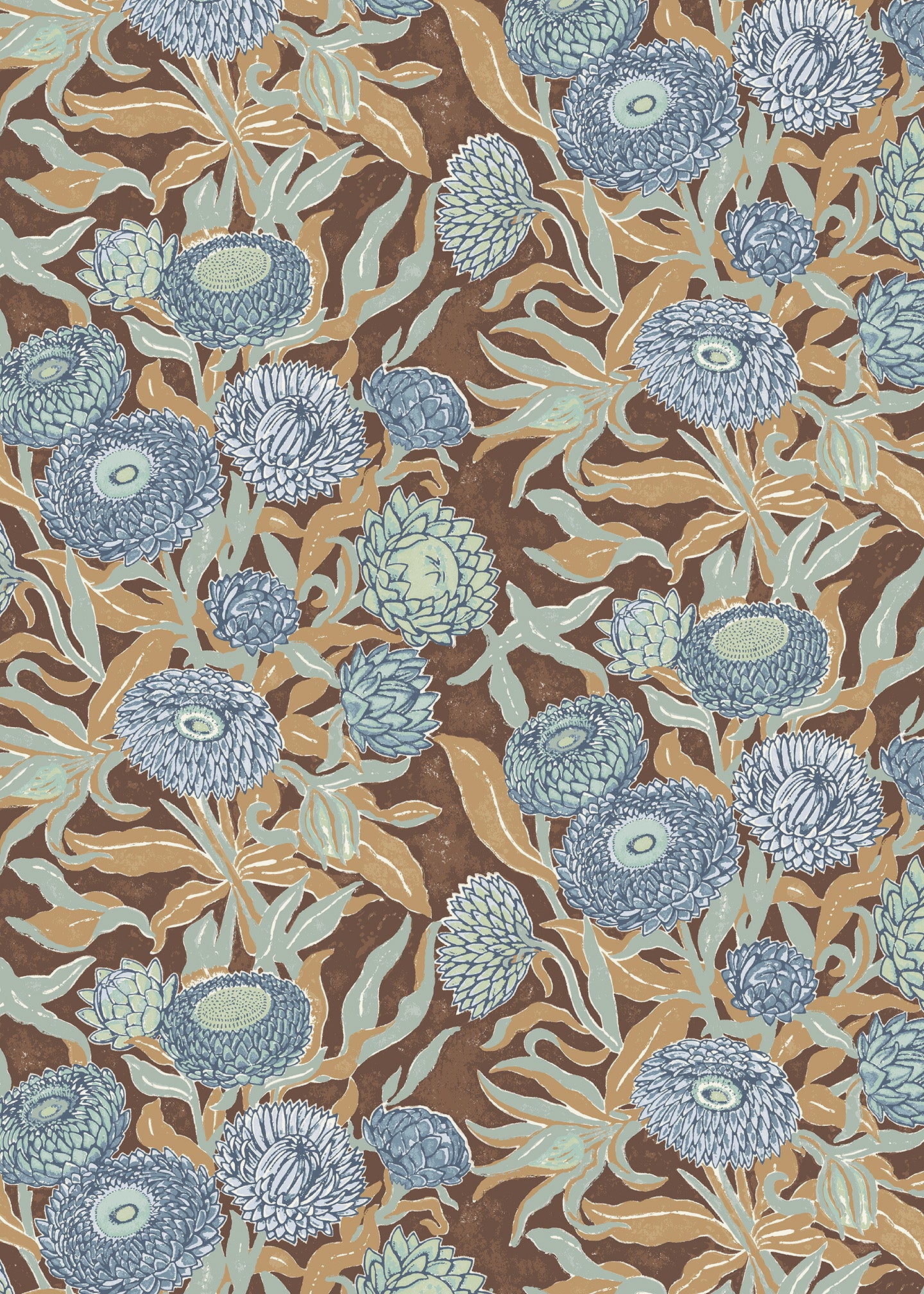 Utopia Goods brown blue wallpaper - Designer floral wallpaper-Everlasting Brown and dusty blue wallpaper