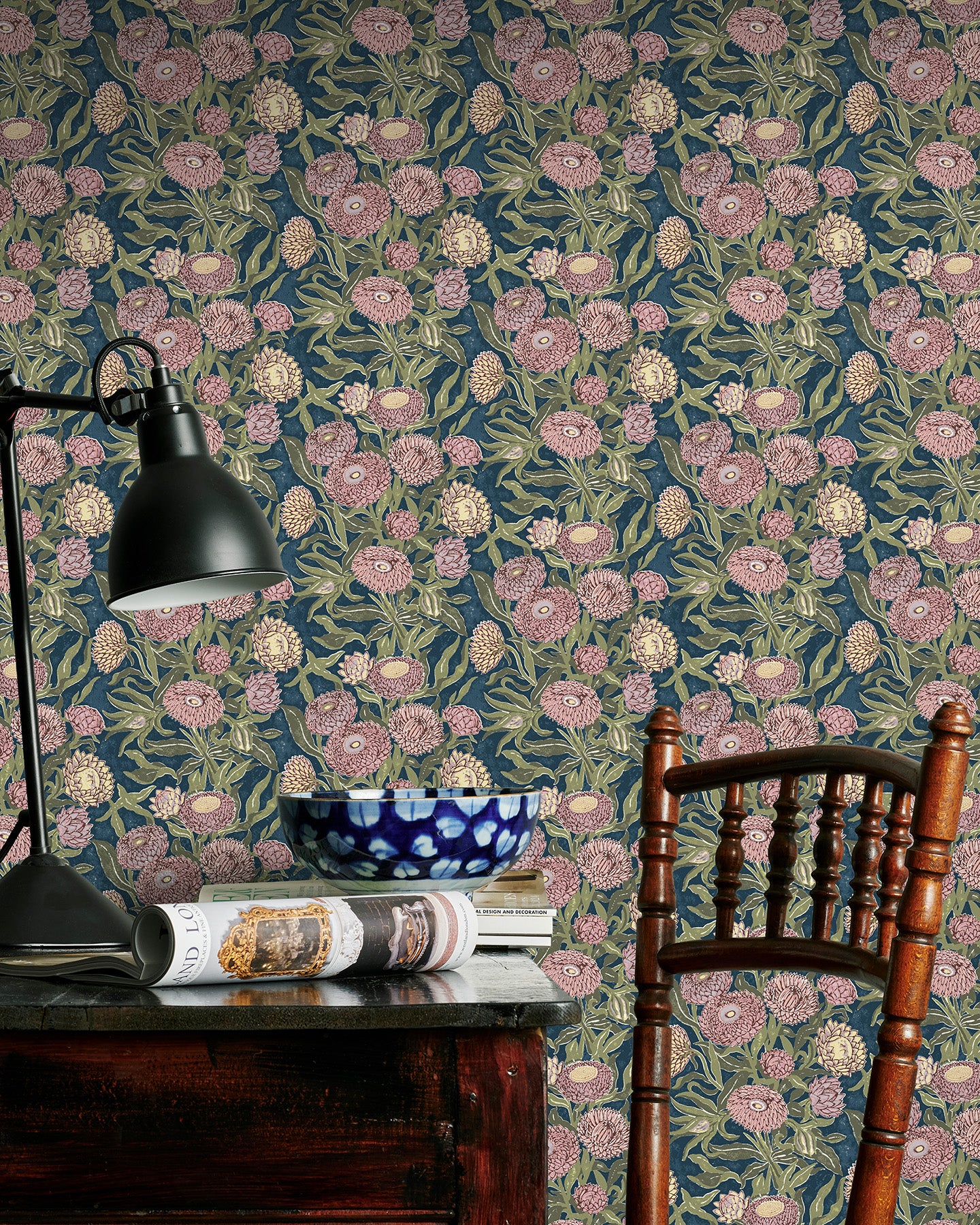 Utopia Goods Blue Pink green wallpaper - Designer floral wallpaper-Everlasting Harbour Pink wallpaper