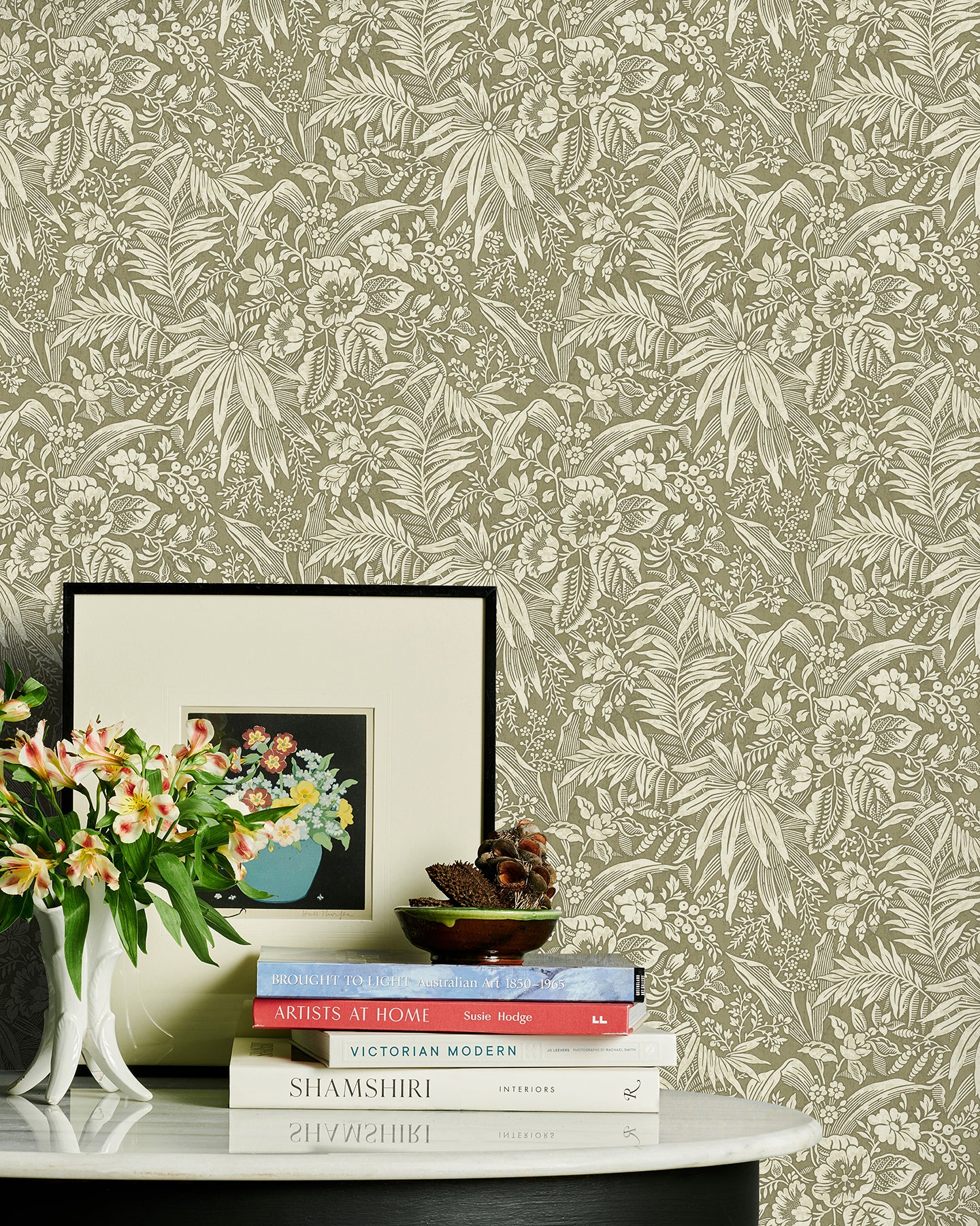 Utopia Goods olive green wallpaper - Designer floral wallpaper-Palm Grove Dark Olive Wallpaper