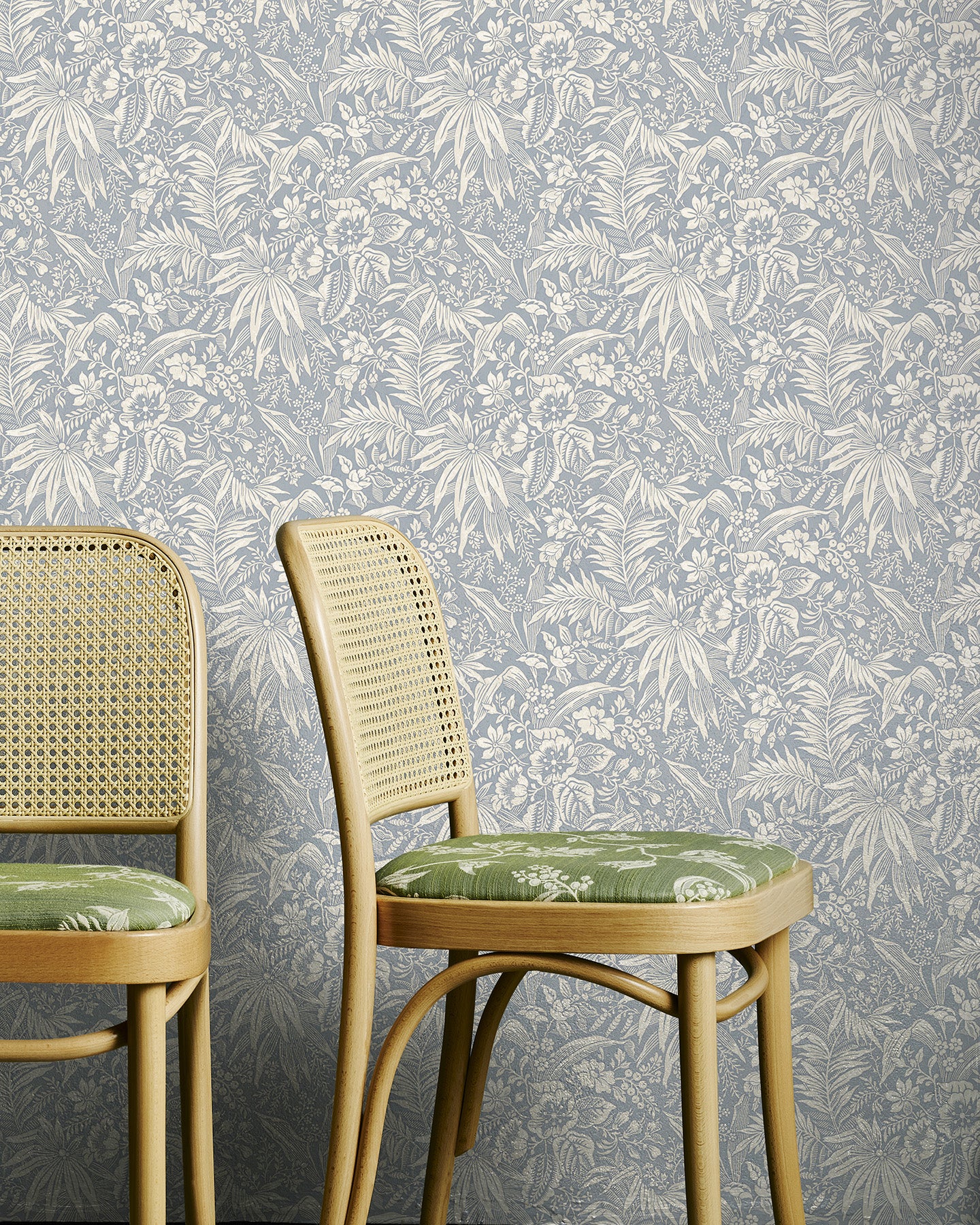 Utopia Goods blue wallpaper - Designer floral wallpaper-Palm Grove Dove Blue Wallpaper