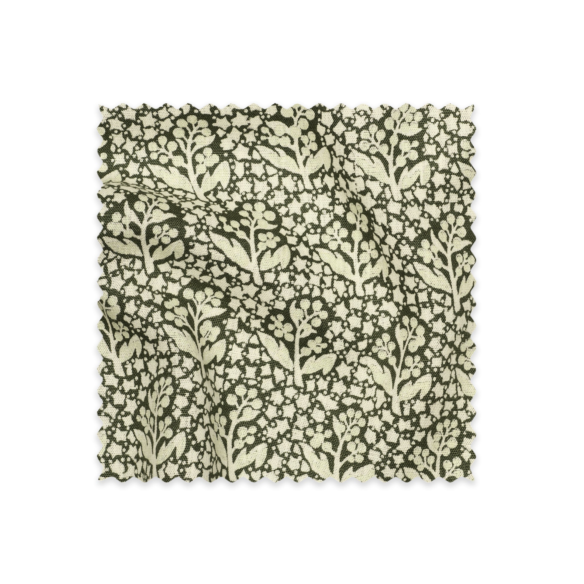 Utopia Goods Acacia Olive Linen Swatch: square fabric sample with botanical leaf pattern in olive green on cream background