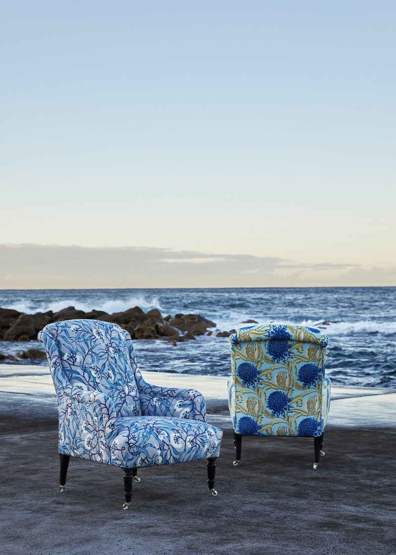 Victorian Rolled Arm Salon Chair - River Gum Blue