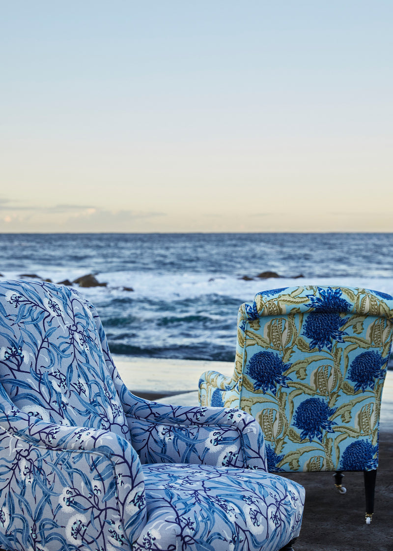 Victorian Rolled Arm Salon Chair - River Gum Blue