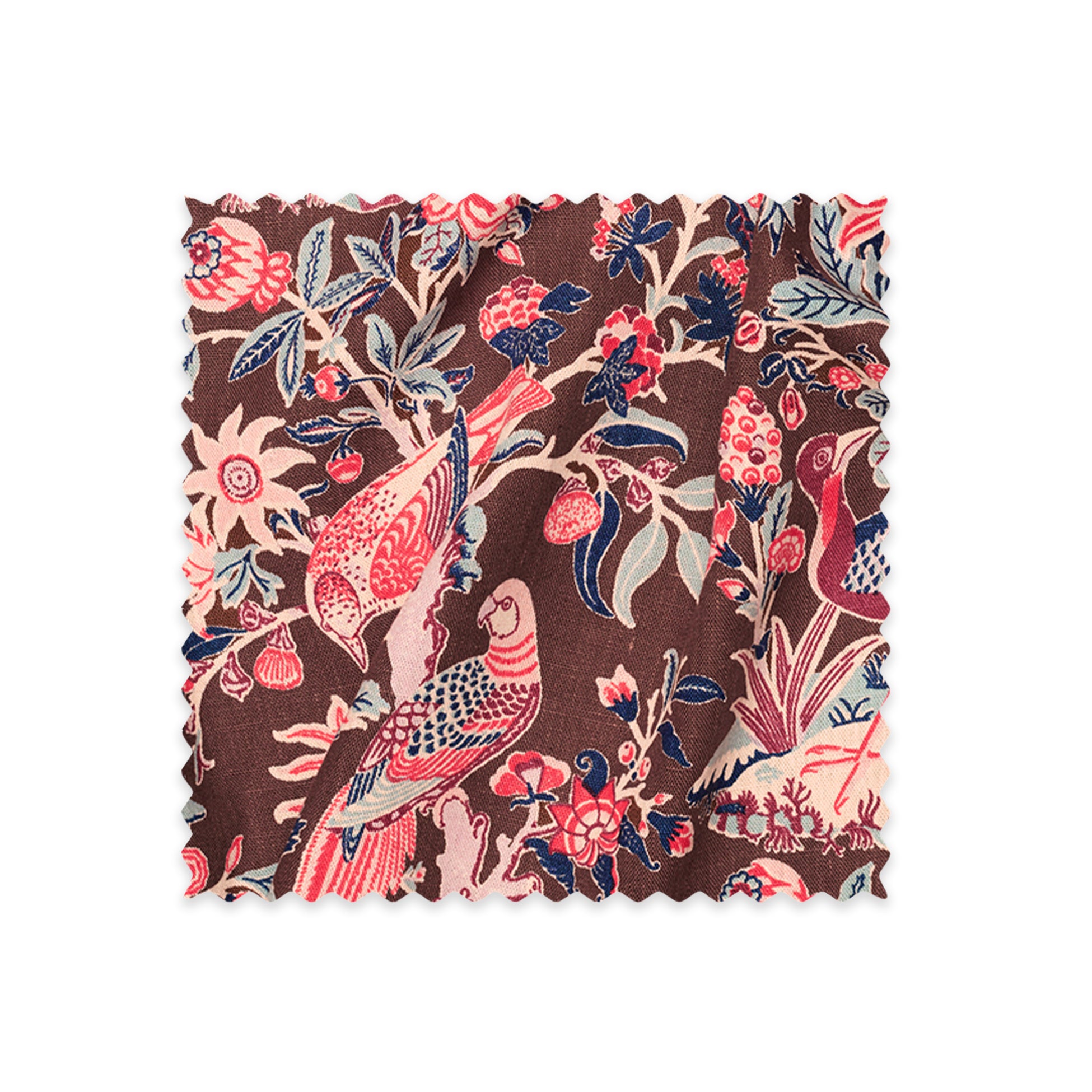 Utopia Goods Arcadia Mocha Linen Swatch: brown fabric sample with pink and blue botanical bird pattern, pinked edges