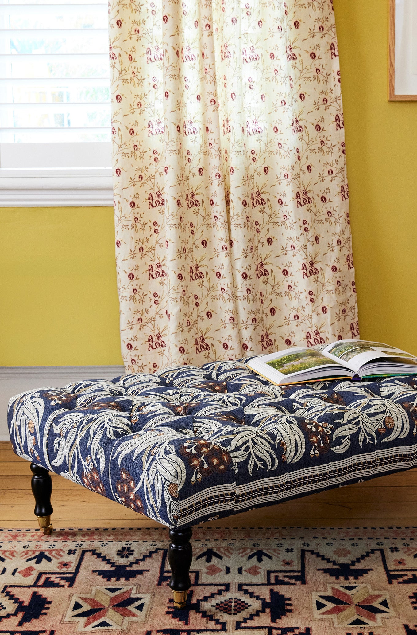 Classic Deep Button Ottoman - Gum Blossom Stripe Navy Performance Fabric