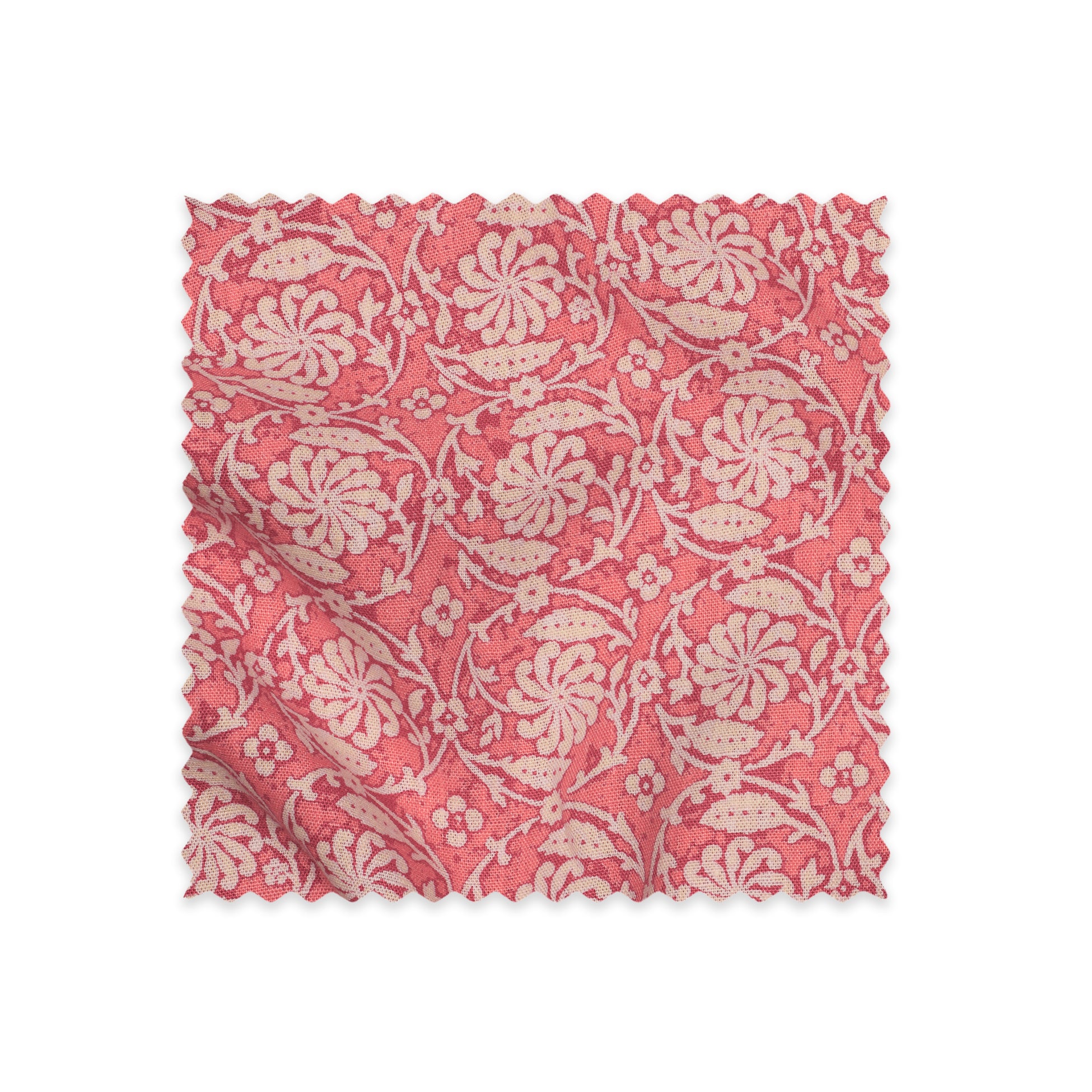 Utopia Goods Pinwheel Coral Linen Swatch: coral pink fabric sample with cream botanical floral pattern, pinked zigzag edges