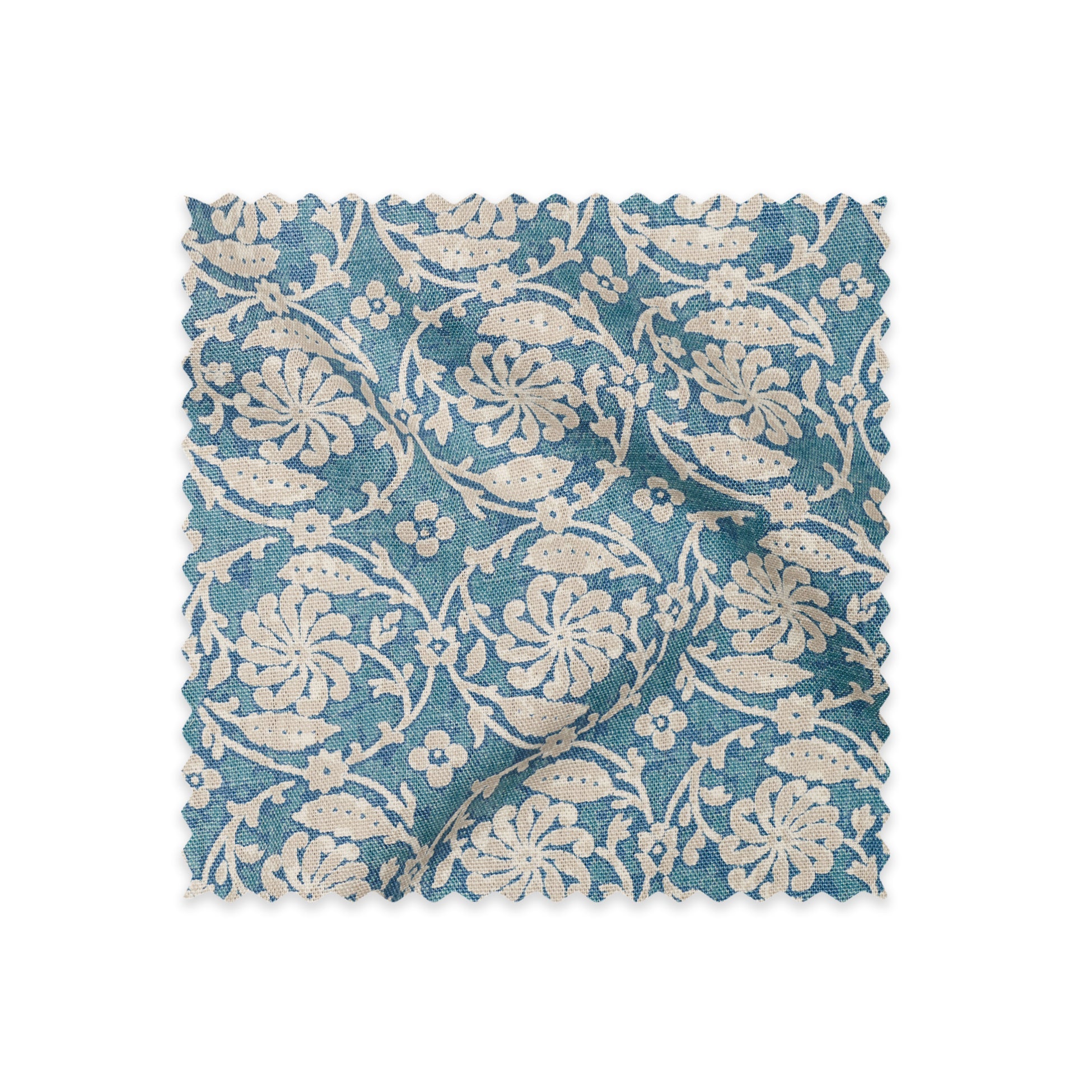 Utopia Goods Pinwheel Ocean Linen Swatch: blue fabric sample with cream floral pattern, scalloped edges, textured linen weave