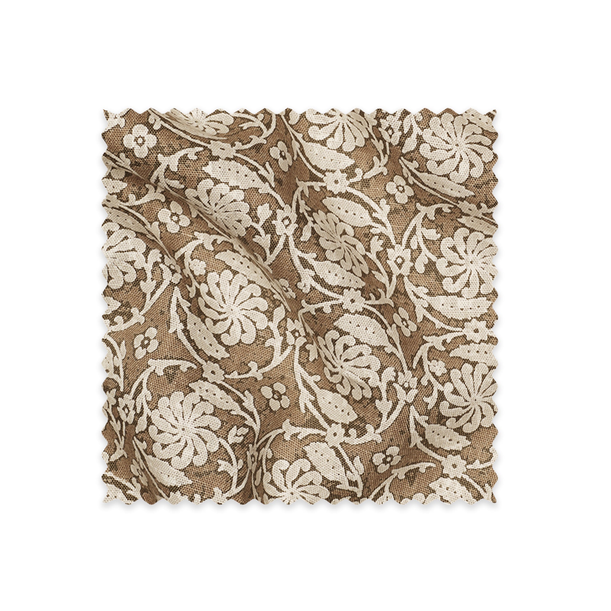 Utopia Goods Pinwheel Sepia Linen Swatch: brown fabric square with cream botanical leaf pattern, pinked edges, textured linen