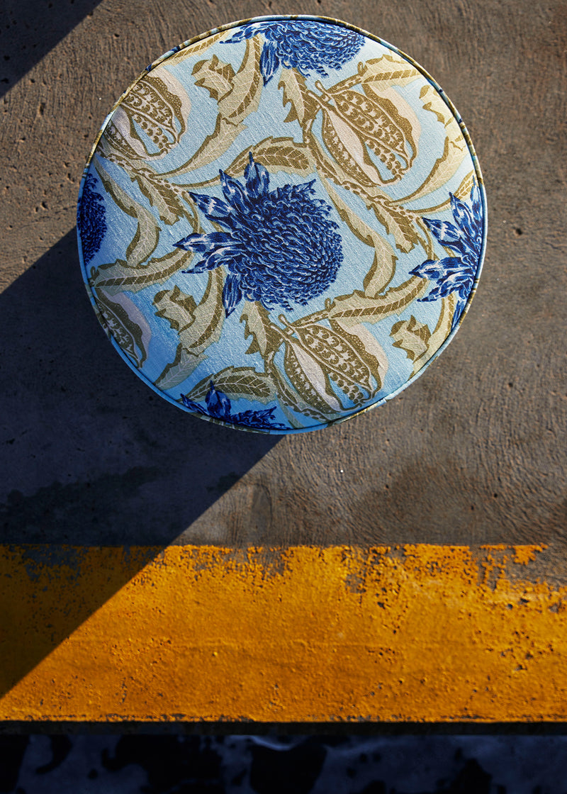 Small Round Ottoman - State of Waratah Blue Linen