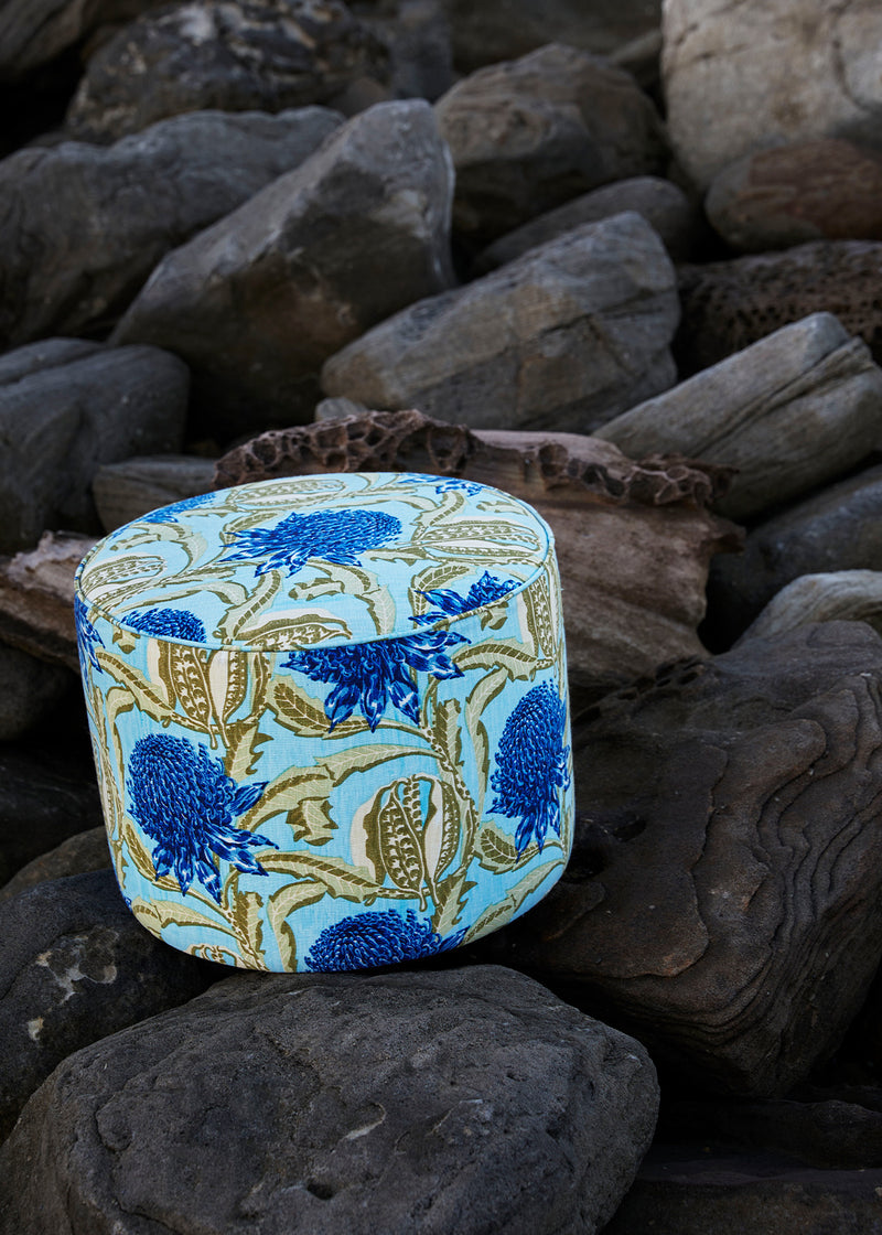 Small Round Ottoman - State of Waratah Blue Linen