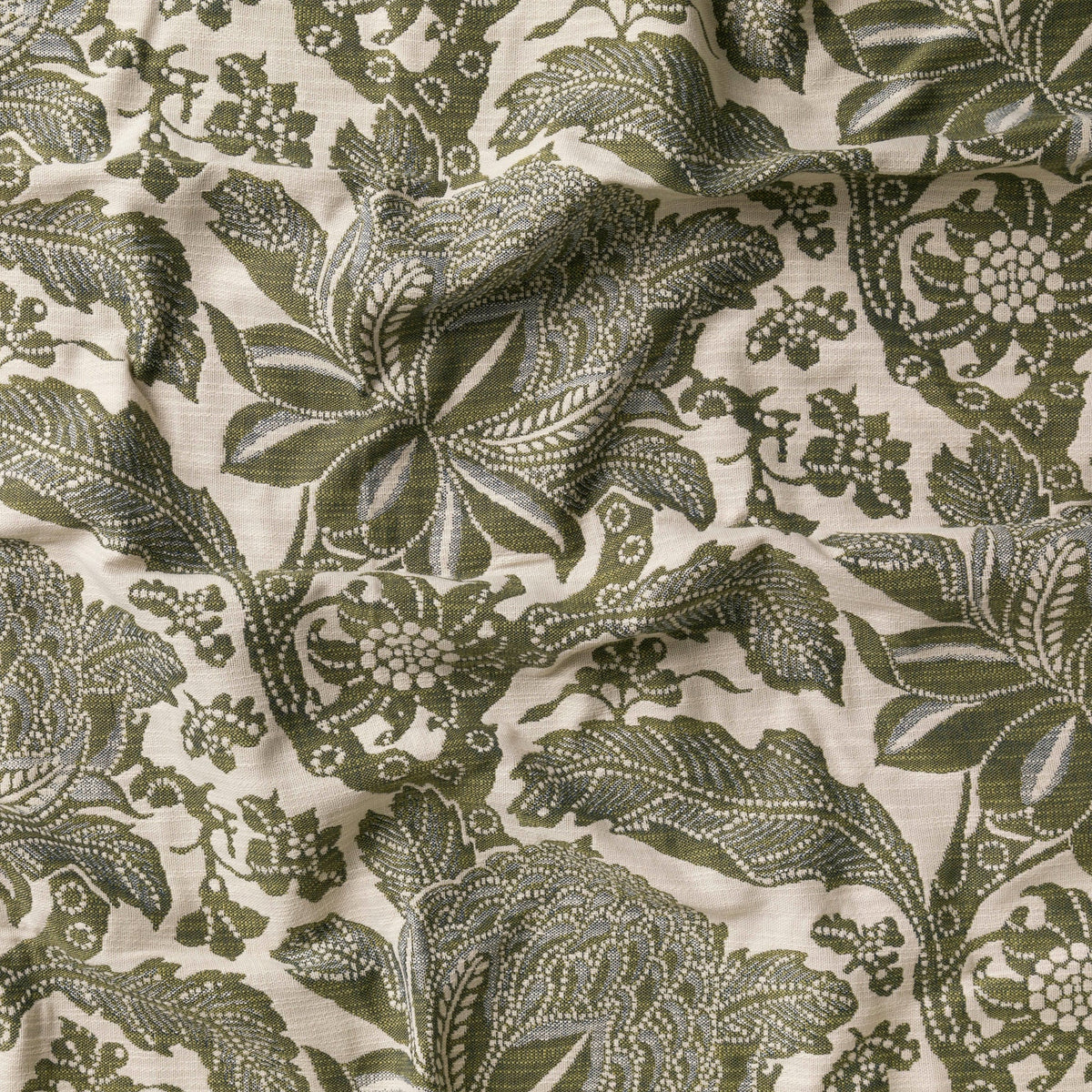 Utopia Goods: close-up of cream fabric with olive green floral pattern featuring large blooms and decorative leaves