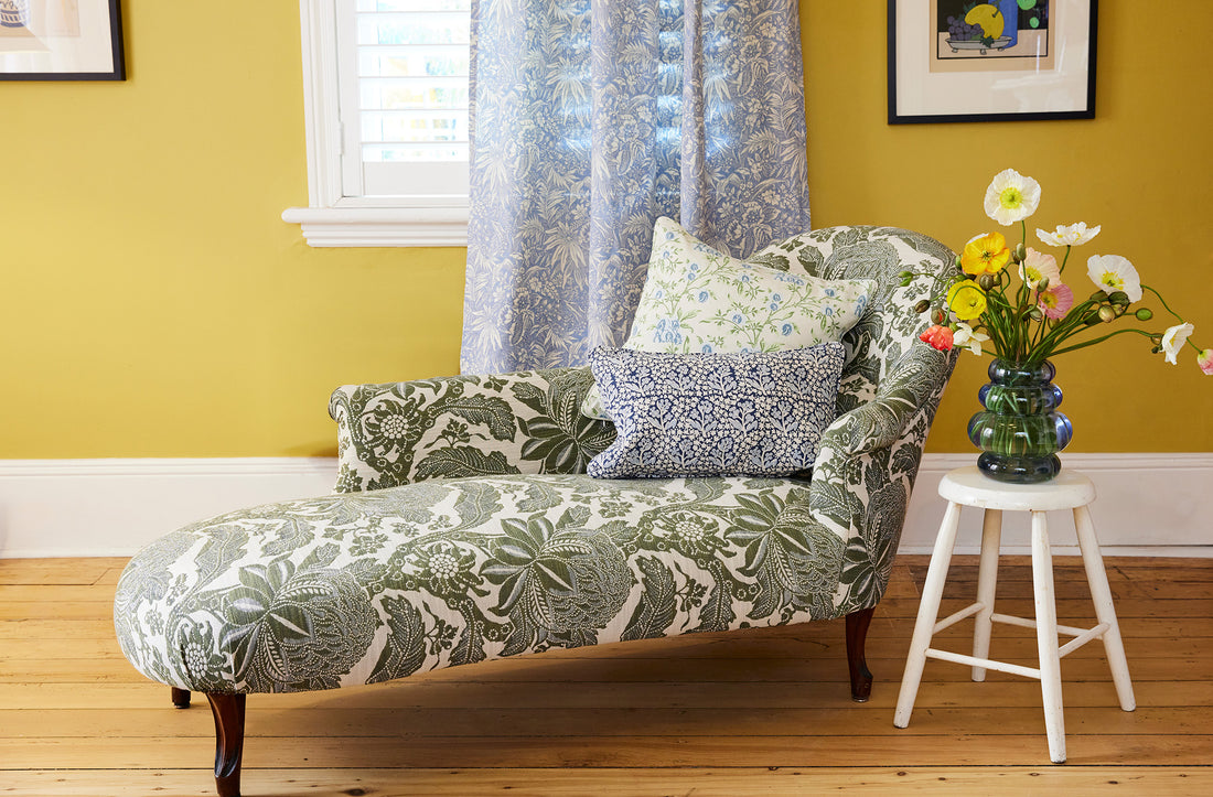 Utopia Goods Antique French Chaise - Waratah Sage Performance Fabric: green botanical patterned chaise lounge with pillows