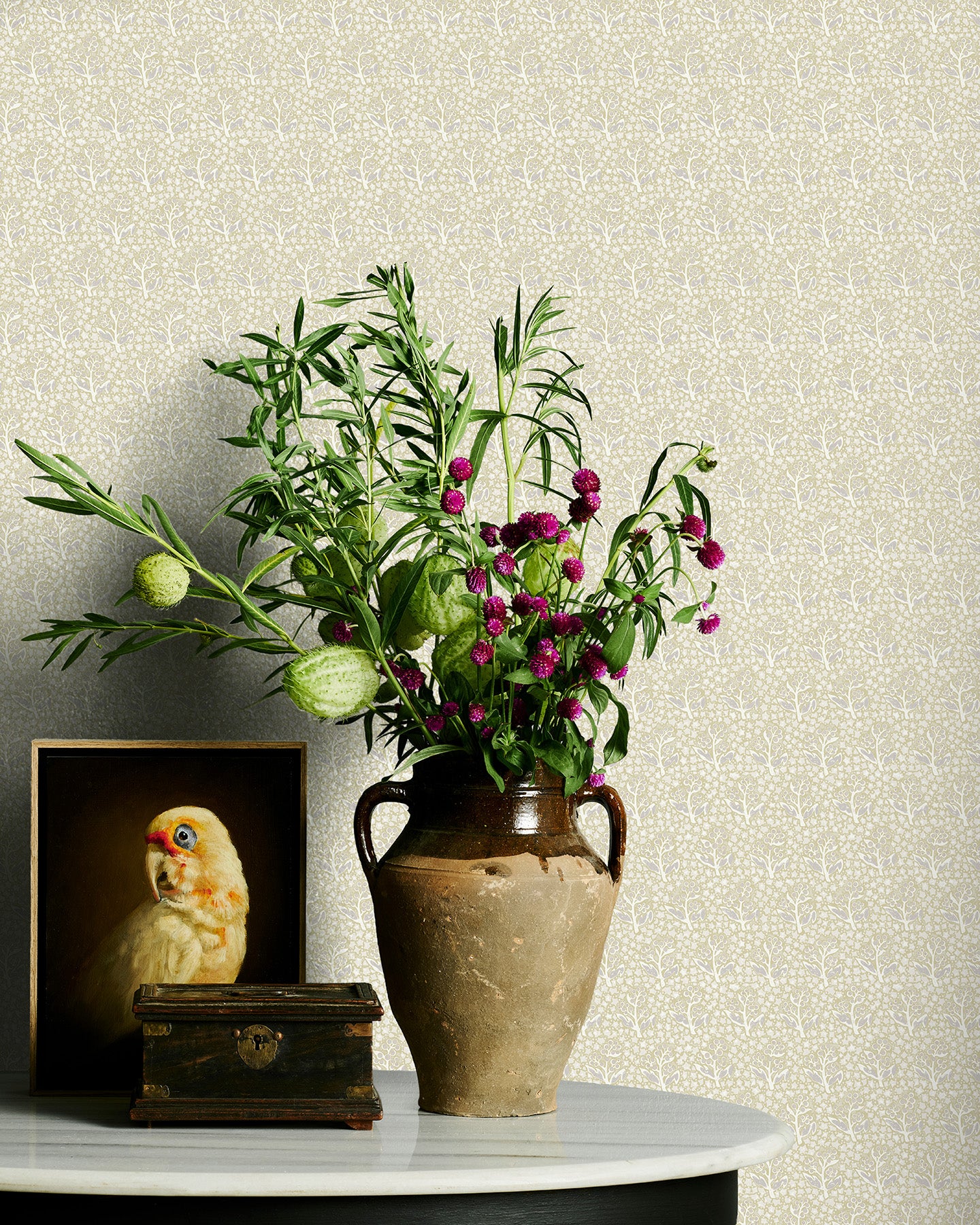 Utopia Goods beige wallpaper - Designer floral wallpaper-Acacia Star Gold & Silver Wallpaper