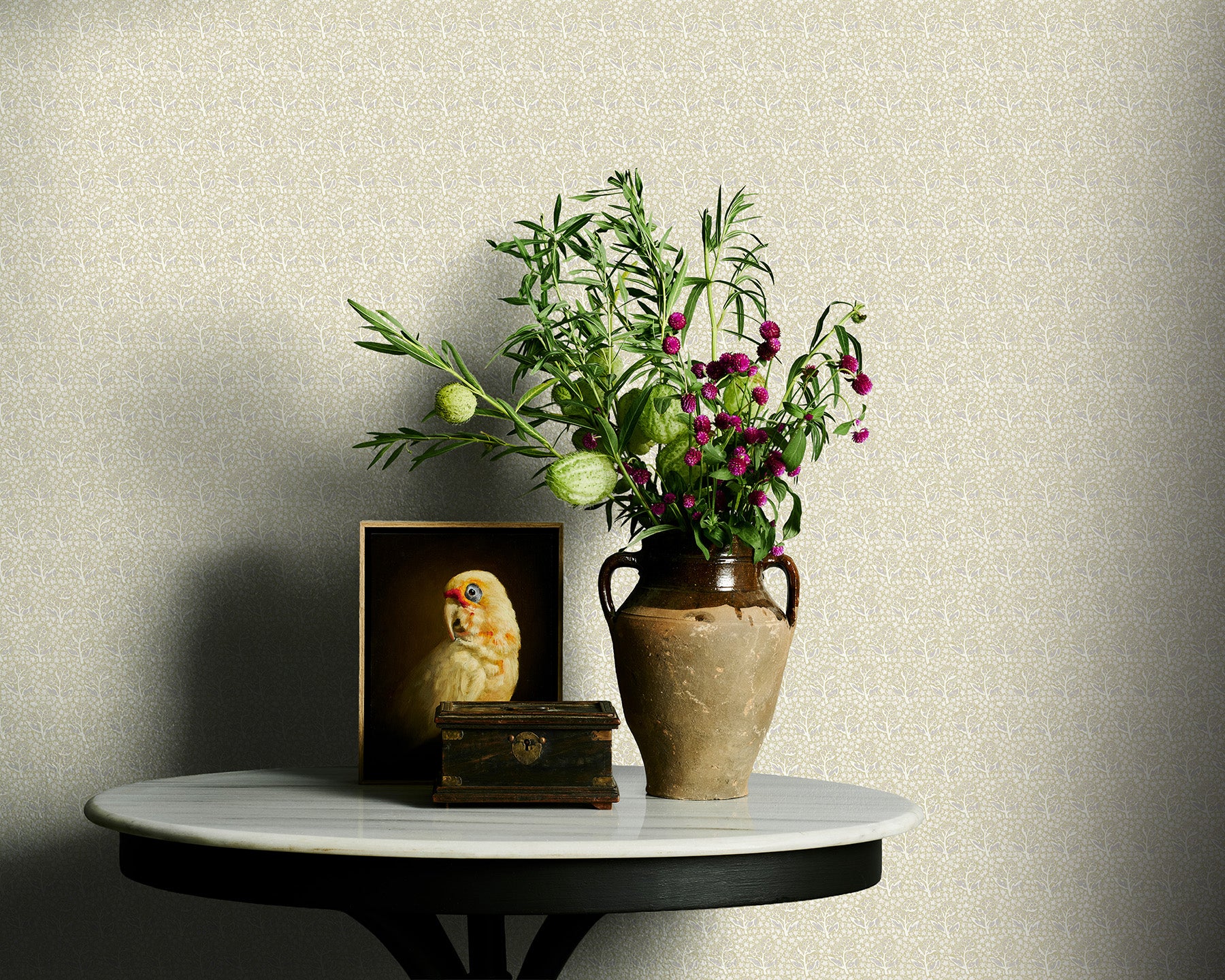 Utopia Goods beige wallpaper - Designer floral wallpaper-Acacia Star Gold & Silver Wallpaper