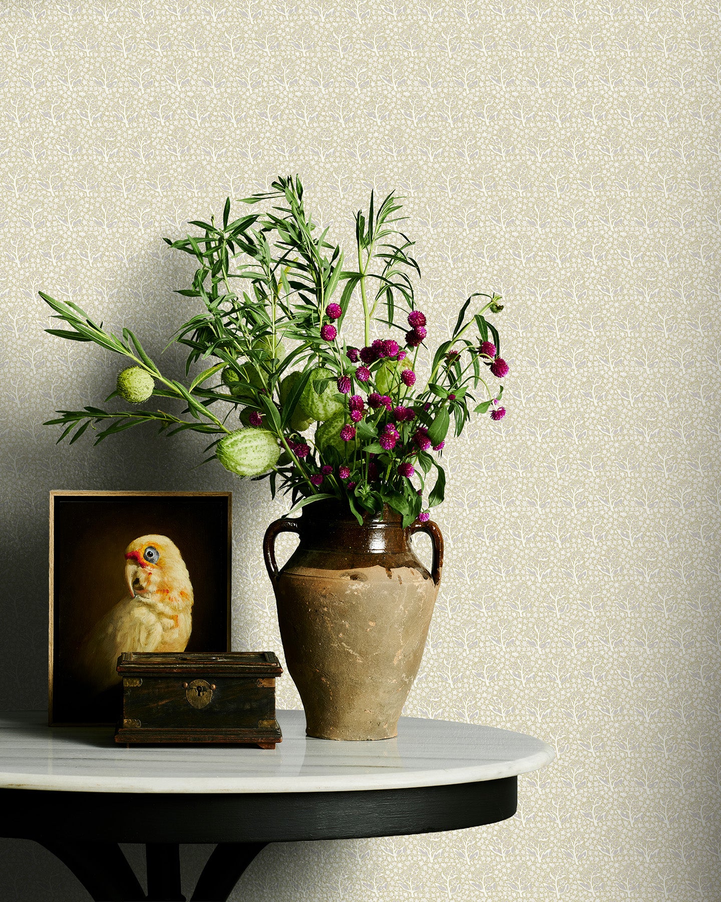 Utopia Goods beige wallpaper - Designer floral wallpaper-Acacia Star Gold & Silver Wallpaper