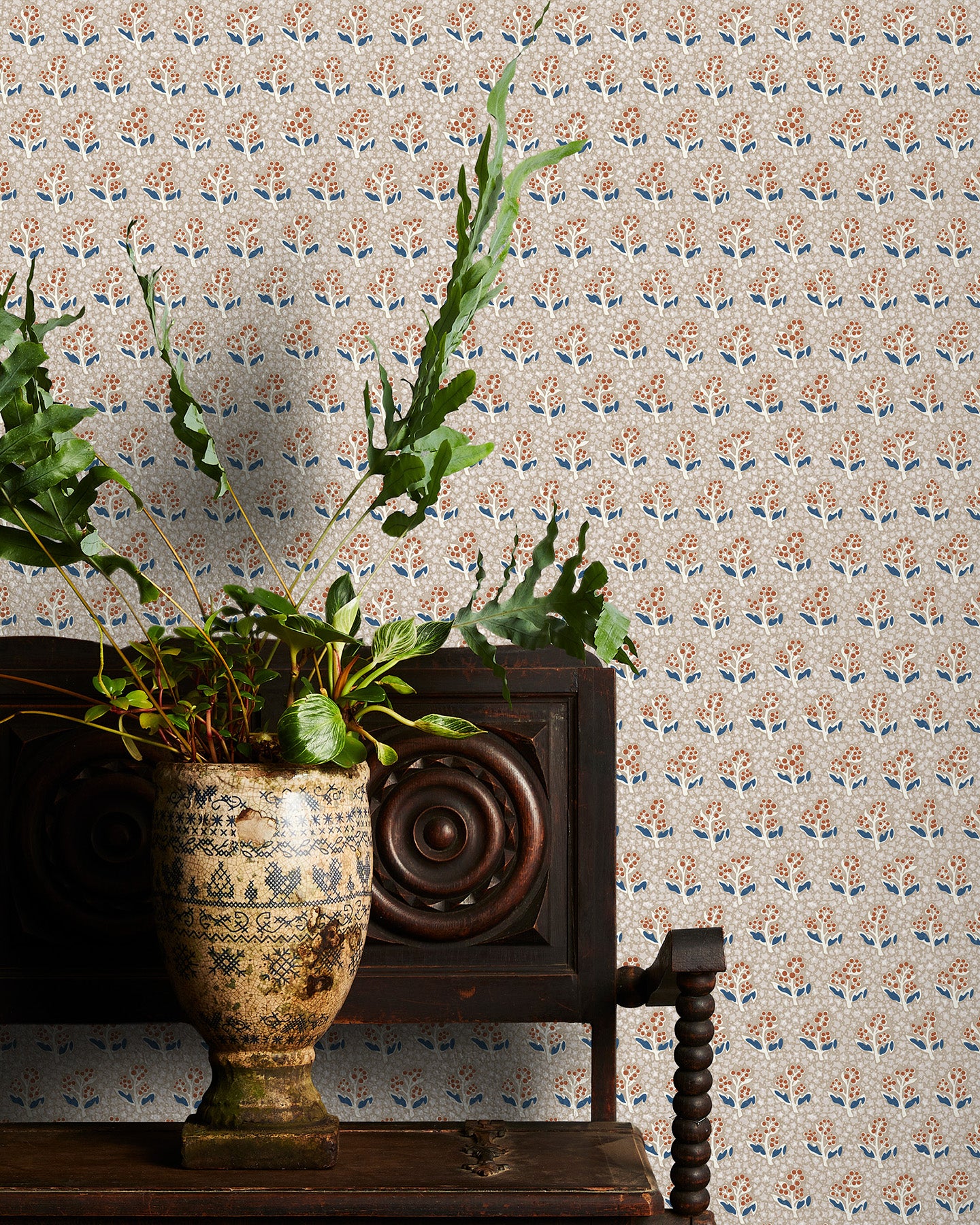 Utopia Goods beige wallpaper - Designer floral wallpaper-Acacia Star Stone & Blue Wallpaper