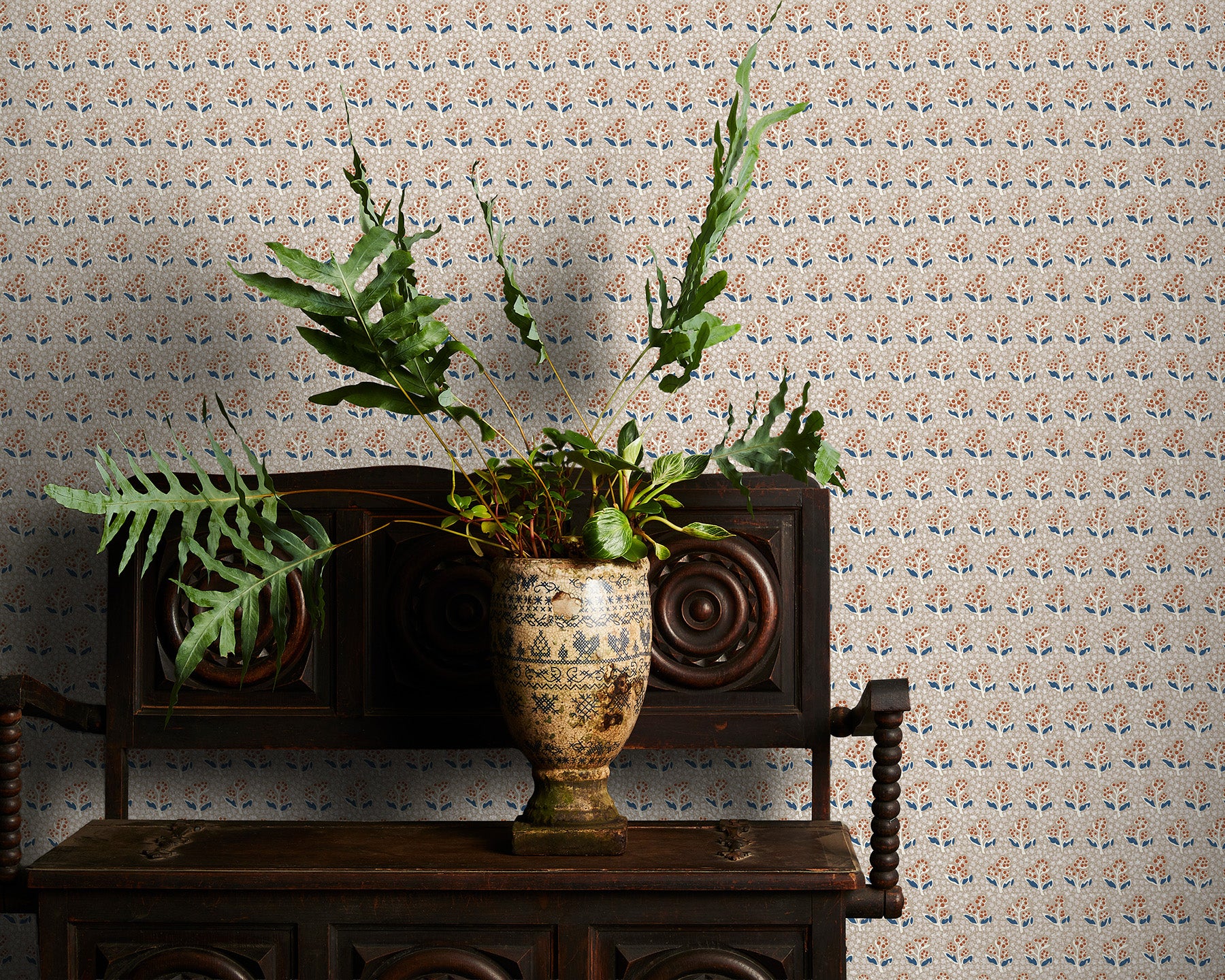 Utopia Goods beige wallpaper - Designer floral wallpaper-Acacia Star Stone & Blue Wallpaper