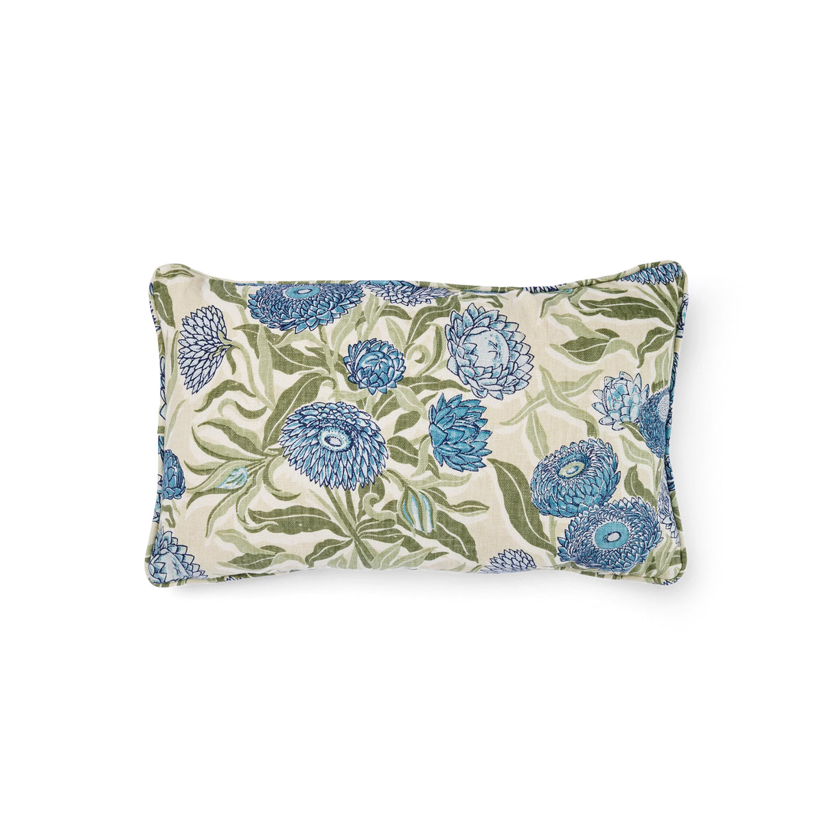 Utopia Goods - Everlasting Blue Fabric - A lumbar cushion with blue and green flowers and against a white background.