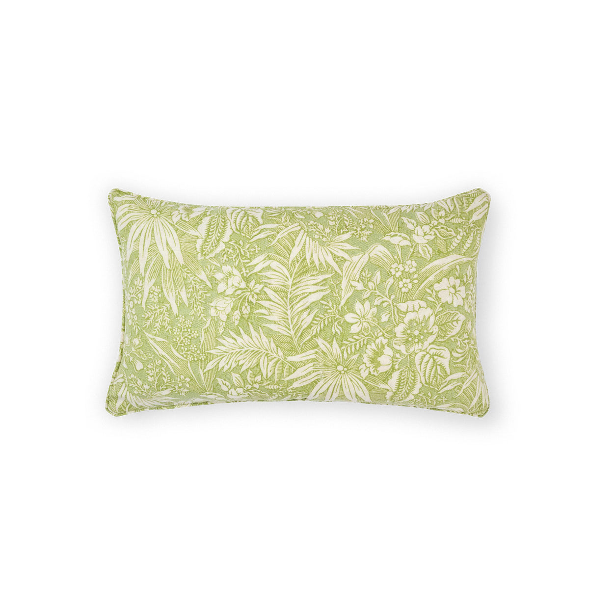 Utopia Goods - Palm Grove Green fabric -  A bolster throw pillow featuring a light green and white tropical floral and leaf pattern, shown against a plain white background.