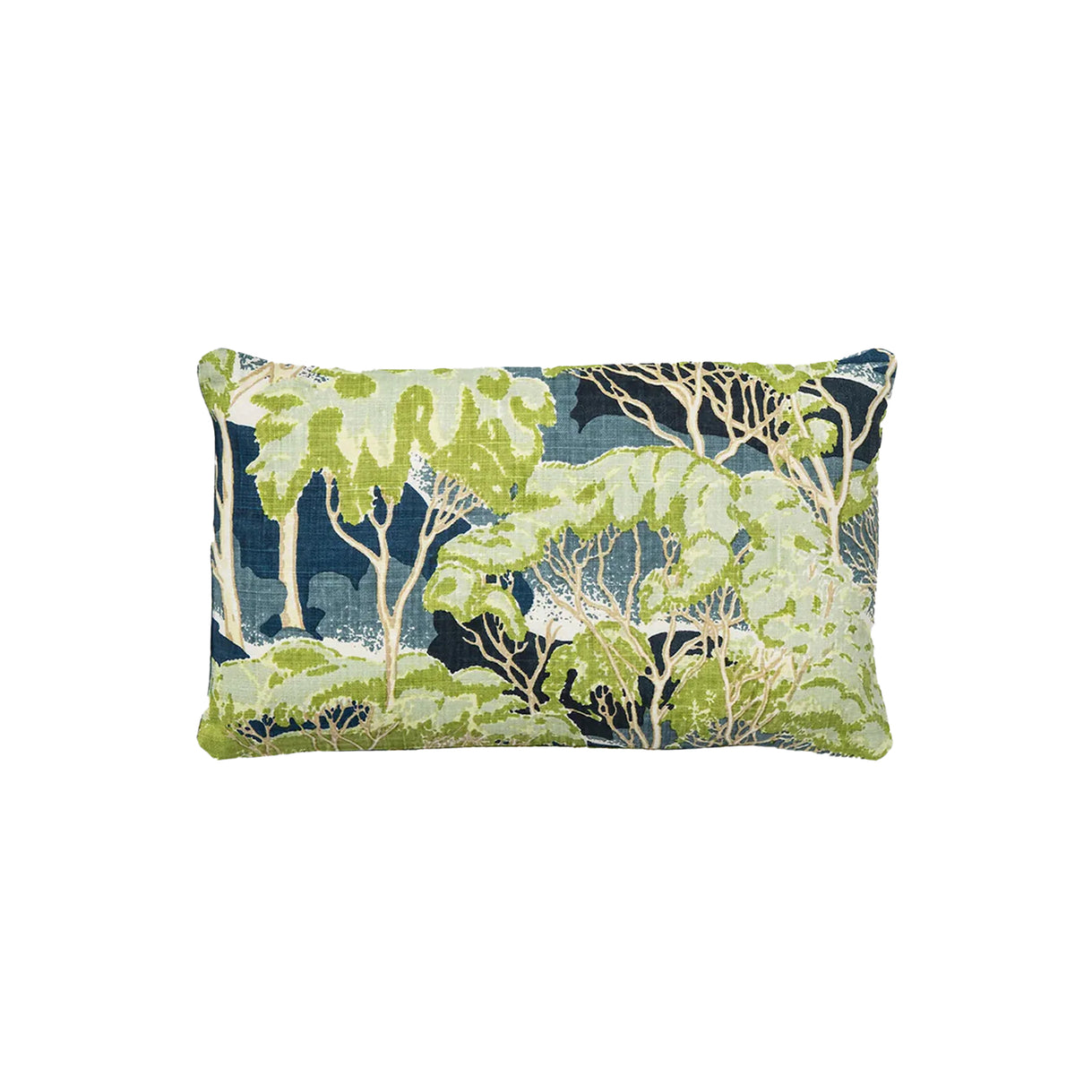 Utopia Goods - Trees Blue Linen. A bolster throw pillow featuring a detailed botanical tapestry pattern of green trees and foliage on a dark navy blue background.