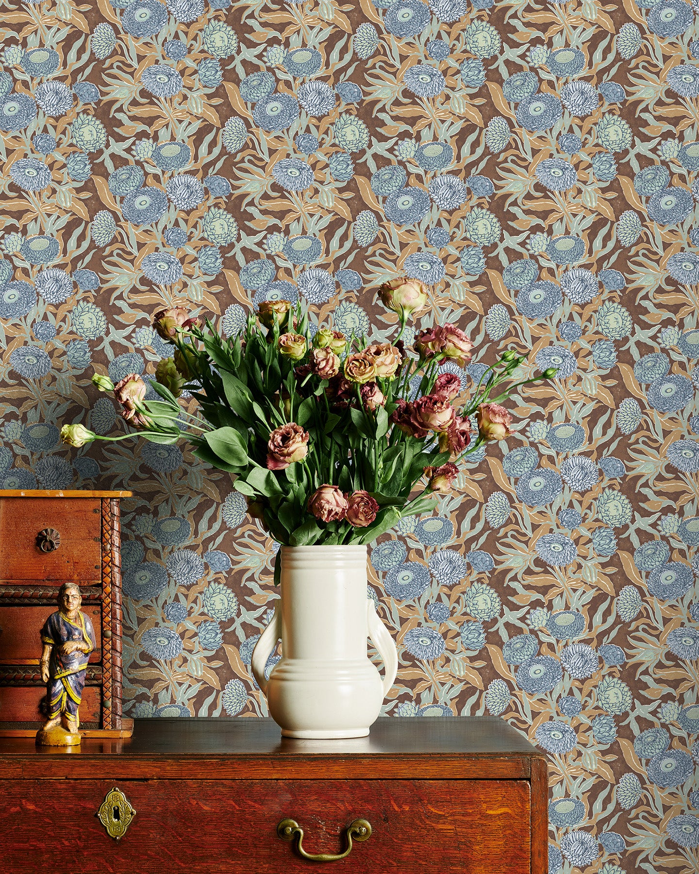 Utopia Goods brown blue wallpaper - Designer floral wallpaper-Everlasting Brown and dusty blue wallpaper