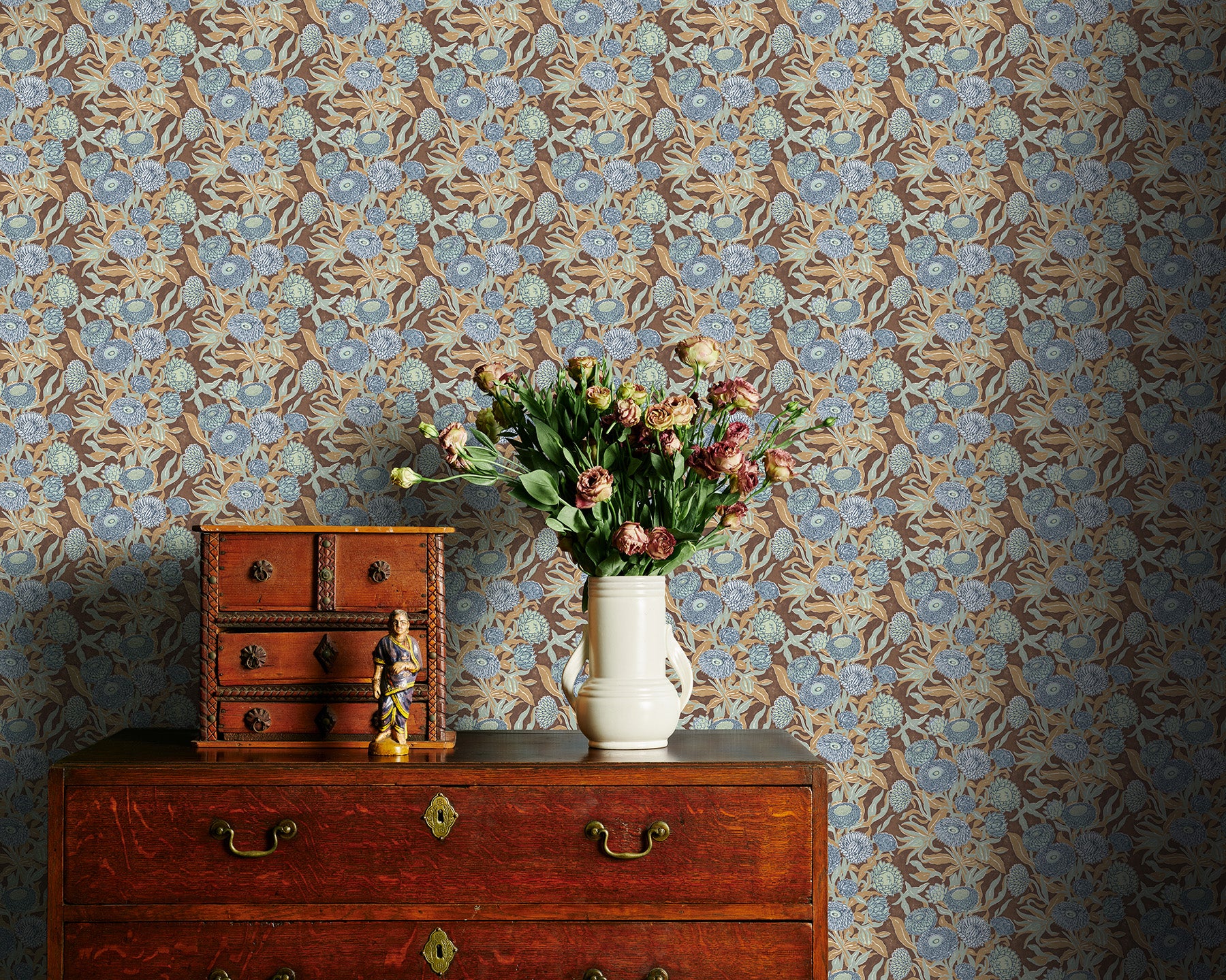 Utopia Goods brown blue wallpaper - Designer floral wallpaper-Everlasting Brown and dusty blue wallpaper