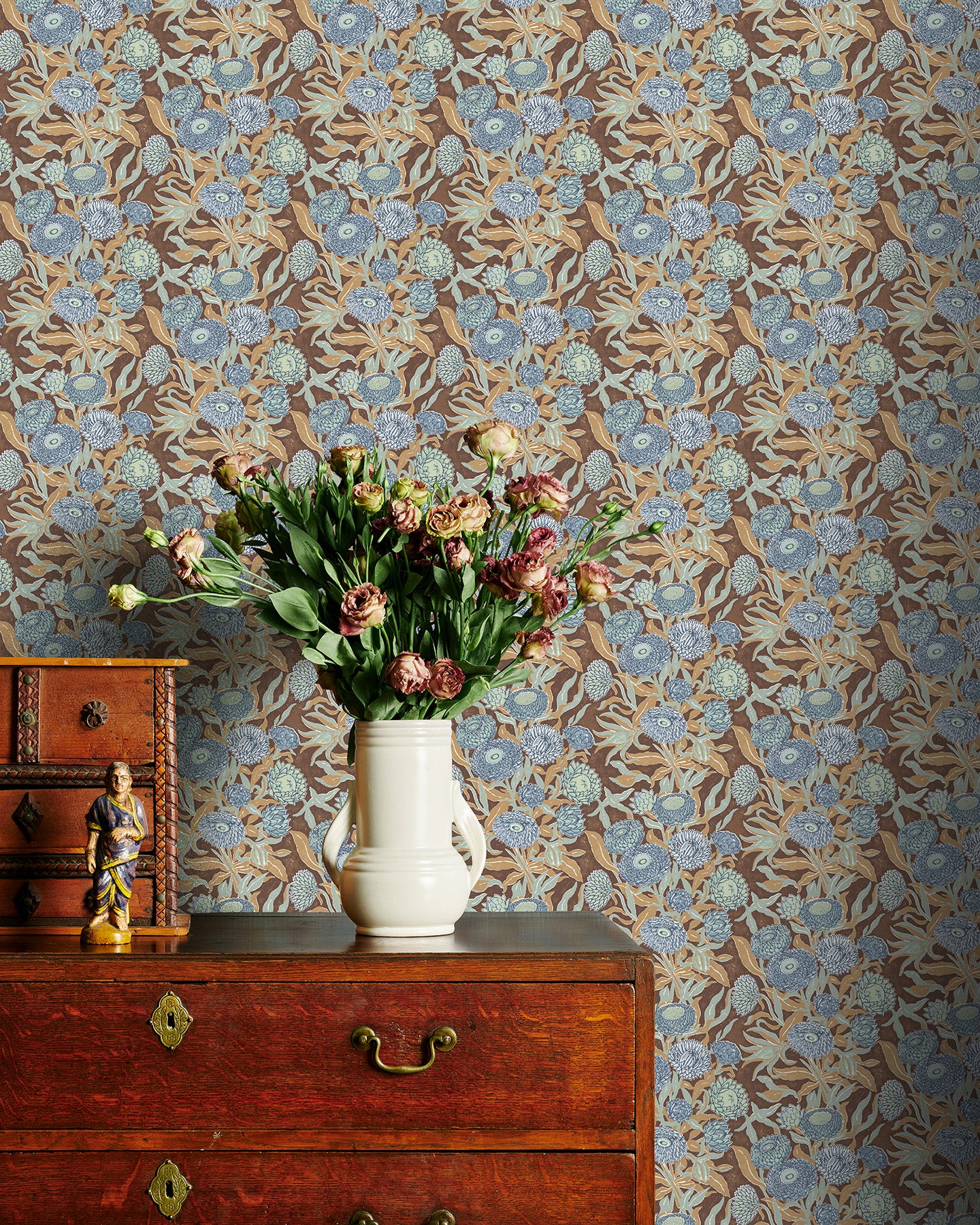 Utopia Goods brown blue wallpaper - Designer floral wallpaper-Everlasting Brown and dusty blue wallpaper