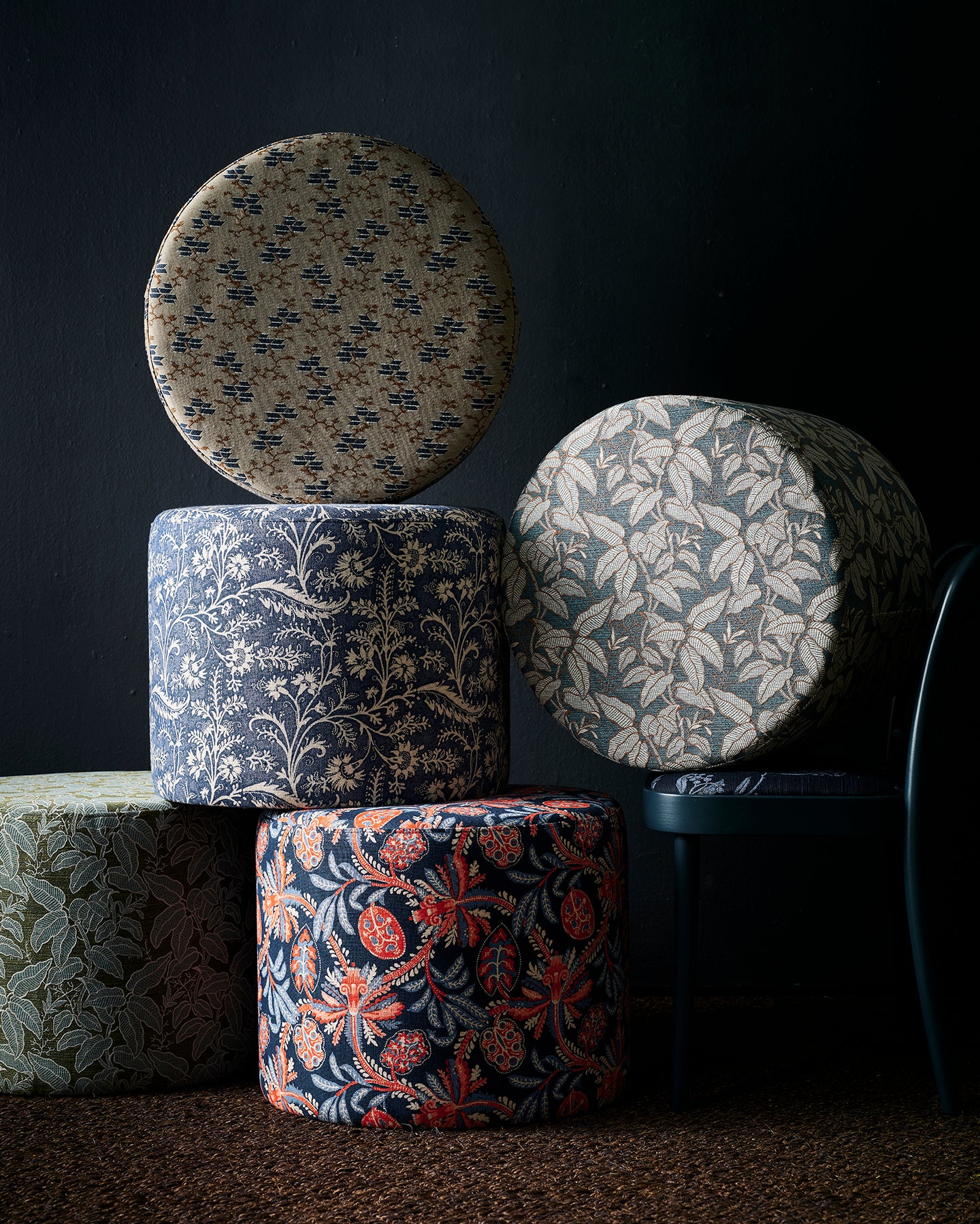 Foliage Blue Small Round Ottoman