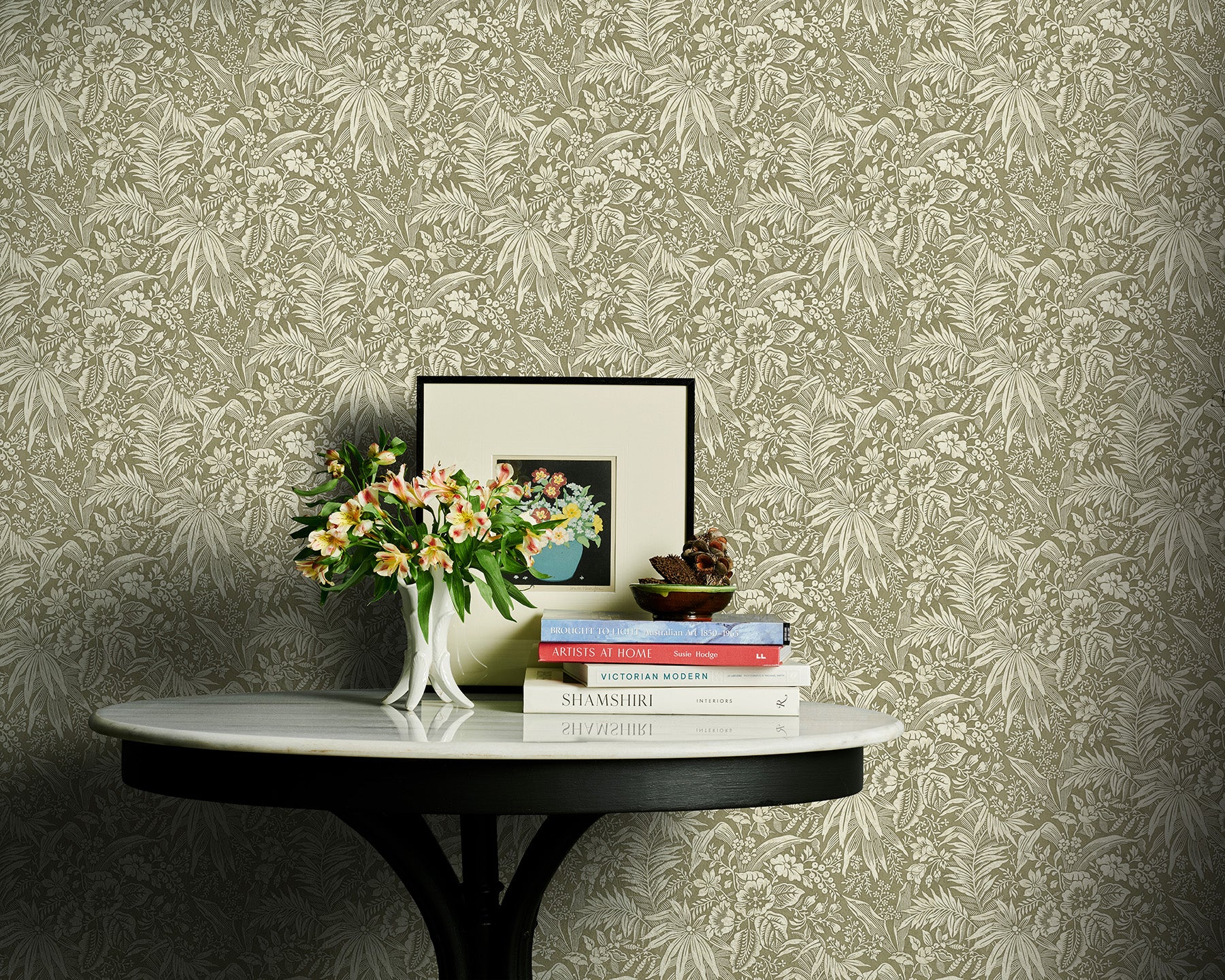 Utopia Goods olive green wallpaper - Designer floral wallpaper-Palm Grove Dark Olive Wallpaper