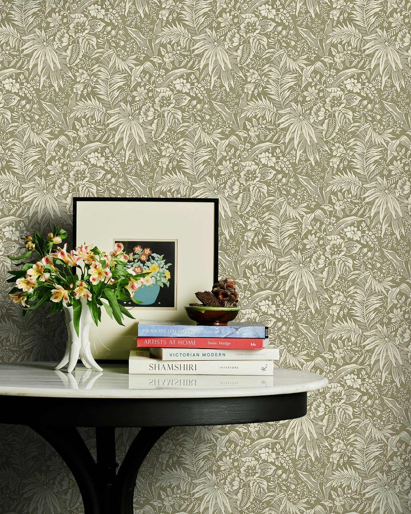 Utopia Goods olive green wallpaper - Designer floral wallpaper-Palm Grove Dark Olive Wallpaper
