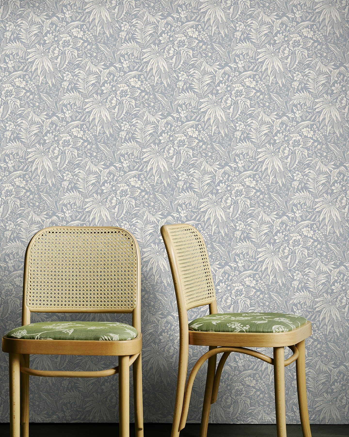 Utopia Goods blue wallpaper - Designer floral wallpaper-Palm Grove Dove Blue Wallpaper