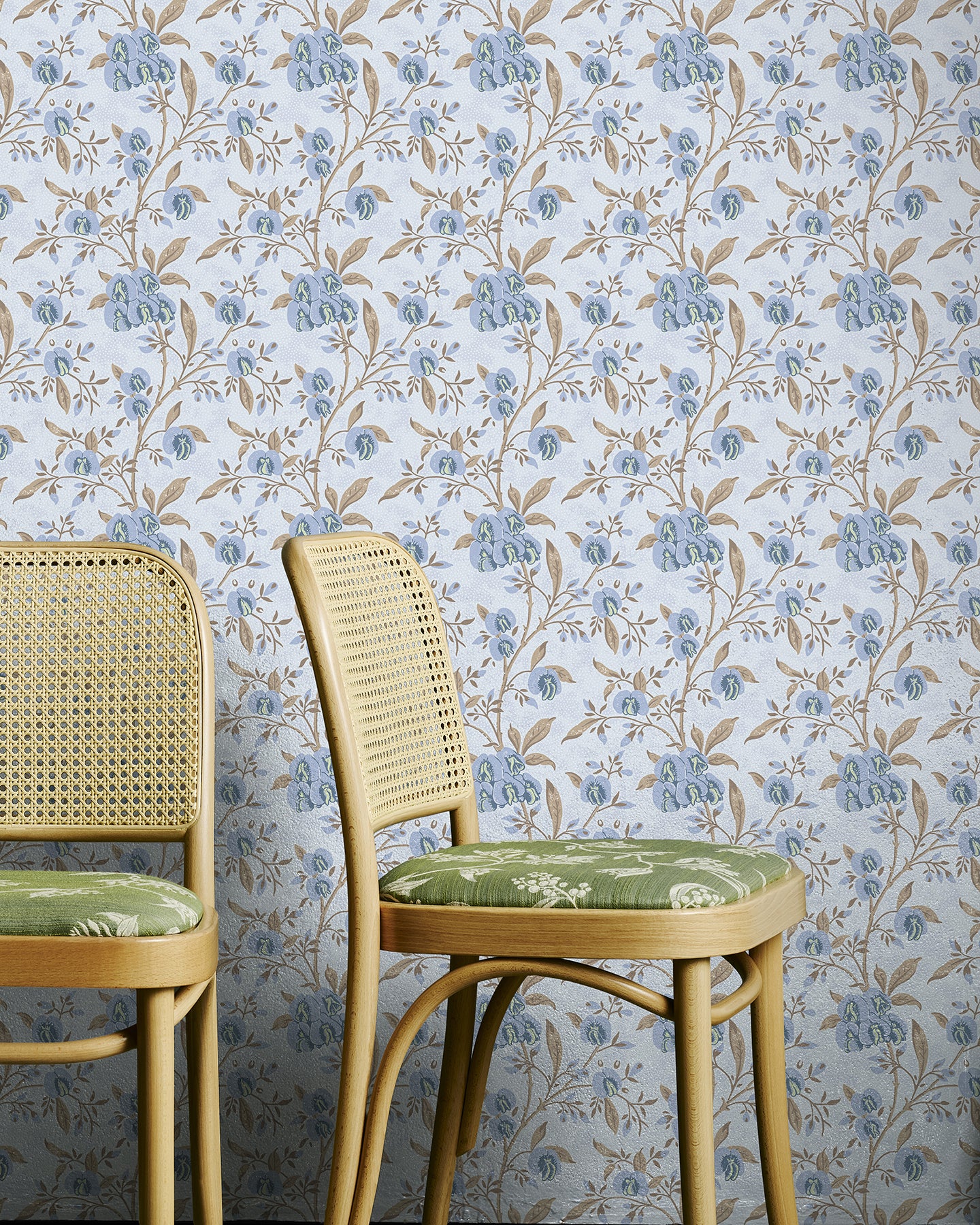 Utopia-Goods-Pea-Flower-Dusty-Blue-Wallpaper-Swatch-Close-up of Pea Flower Dusty blue floral wallpaper featuring botanical patterns-Designer Wallpaper