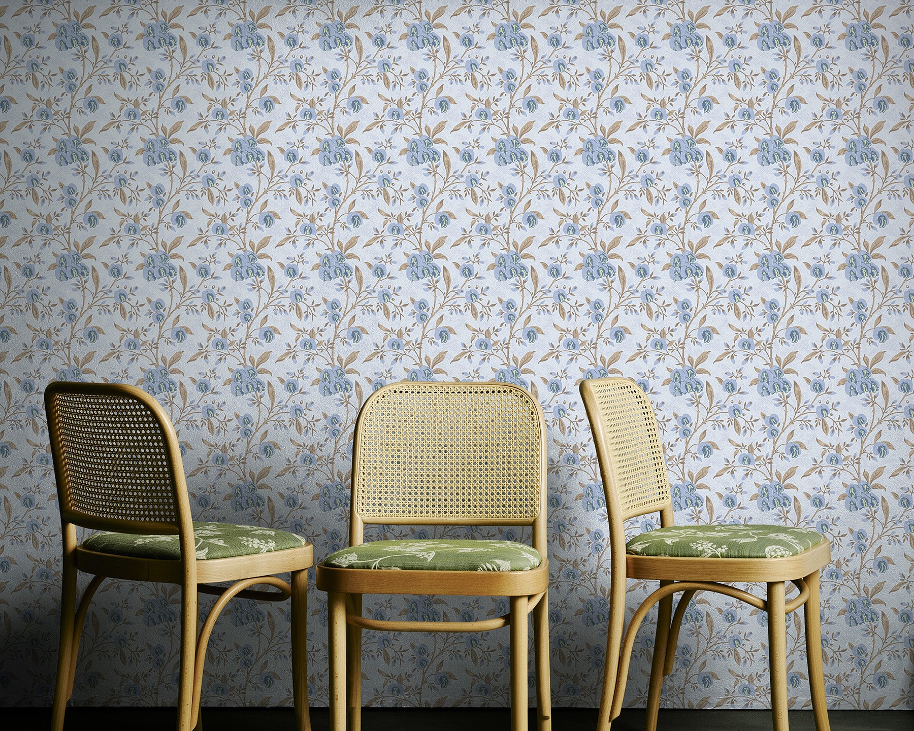 Utopia-Goods-Pea-Flower-Dusty-Blue-Wallpaper-Swatch-Close-up of Pea Flower Dusty blue floral wallpaper featuring botanical patterns-Designer Wallpaper