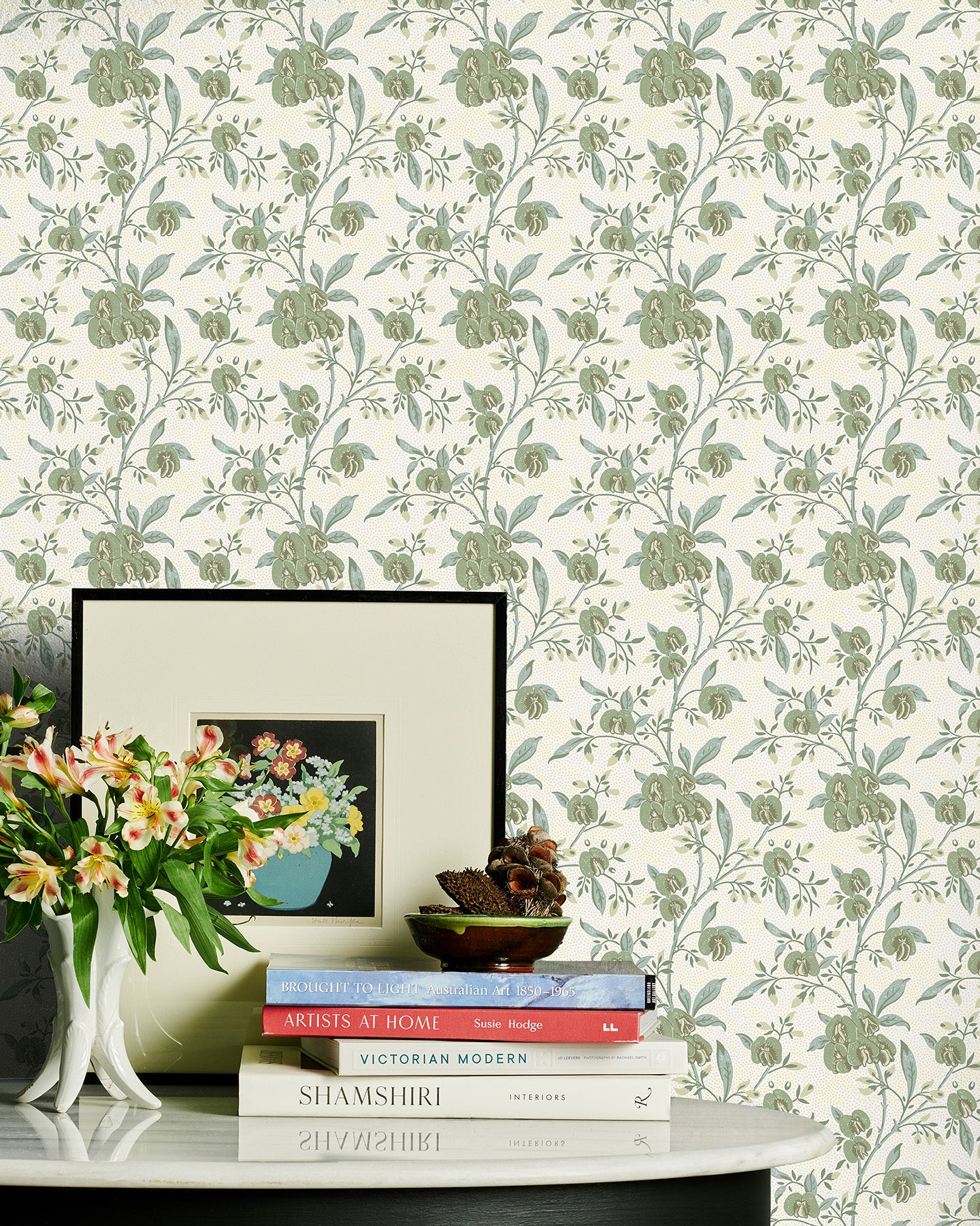 Utopia Goods green and white wallpaper-Portrait image-Designer floral wallpaper-Pea flower green wallpaper