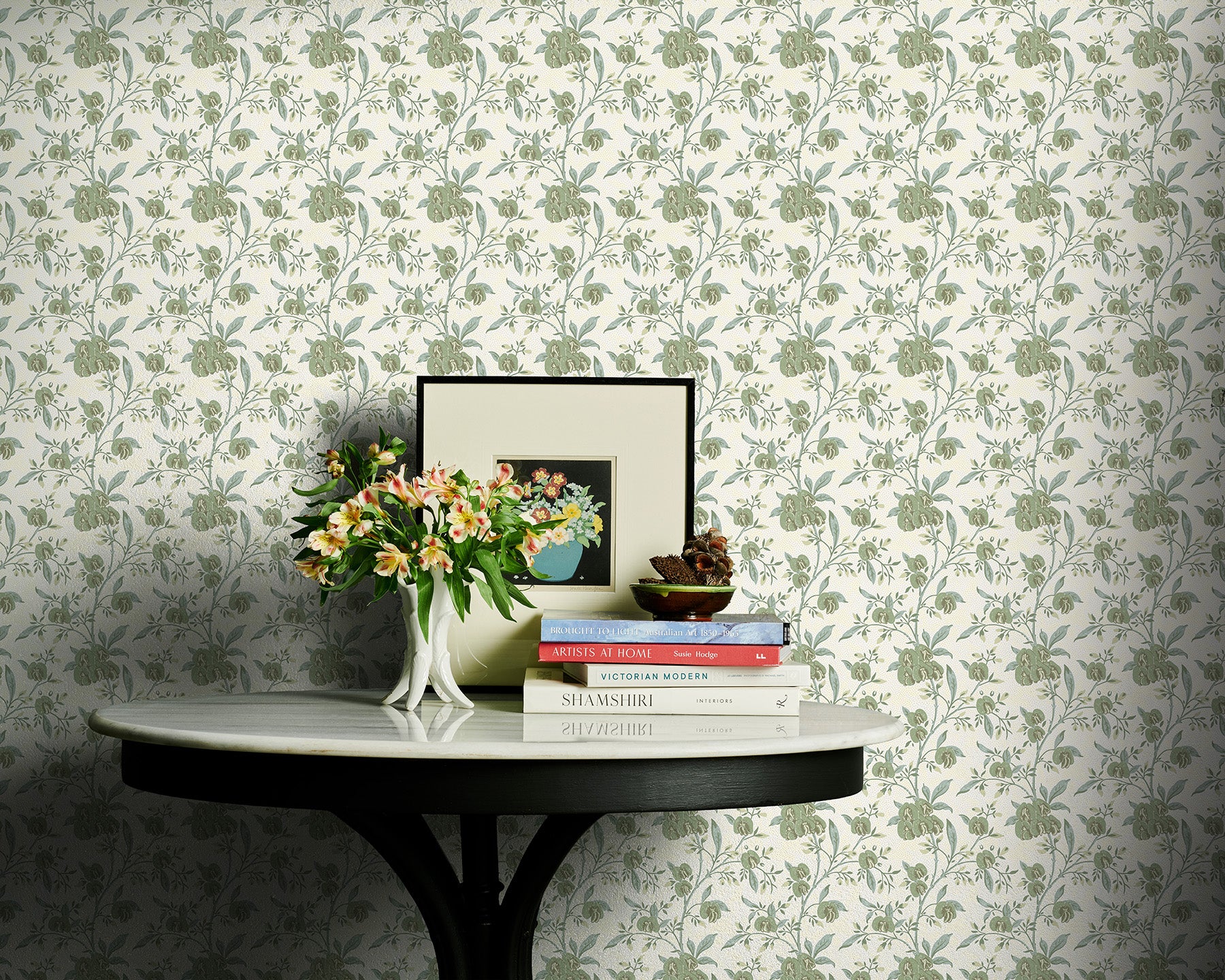 Utopia Goods green and white wallpaper-Portrait image-Designer floral wallpaper-Pea flower green wallpaper