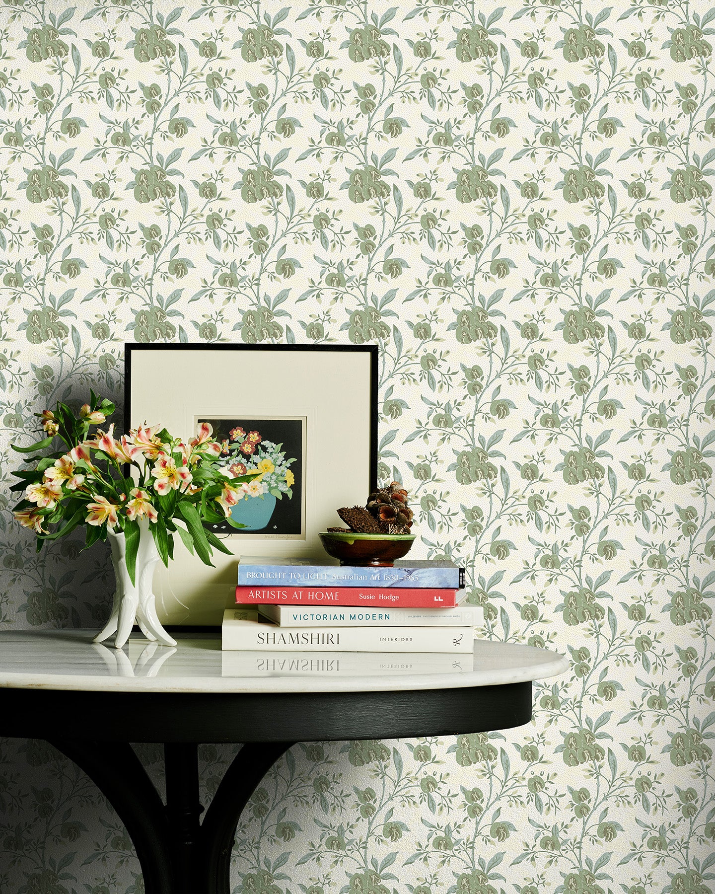 Utopia Goods green and white wallpaper portrait image - Designer floral wallpaper-Pea flower green wallpaper
