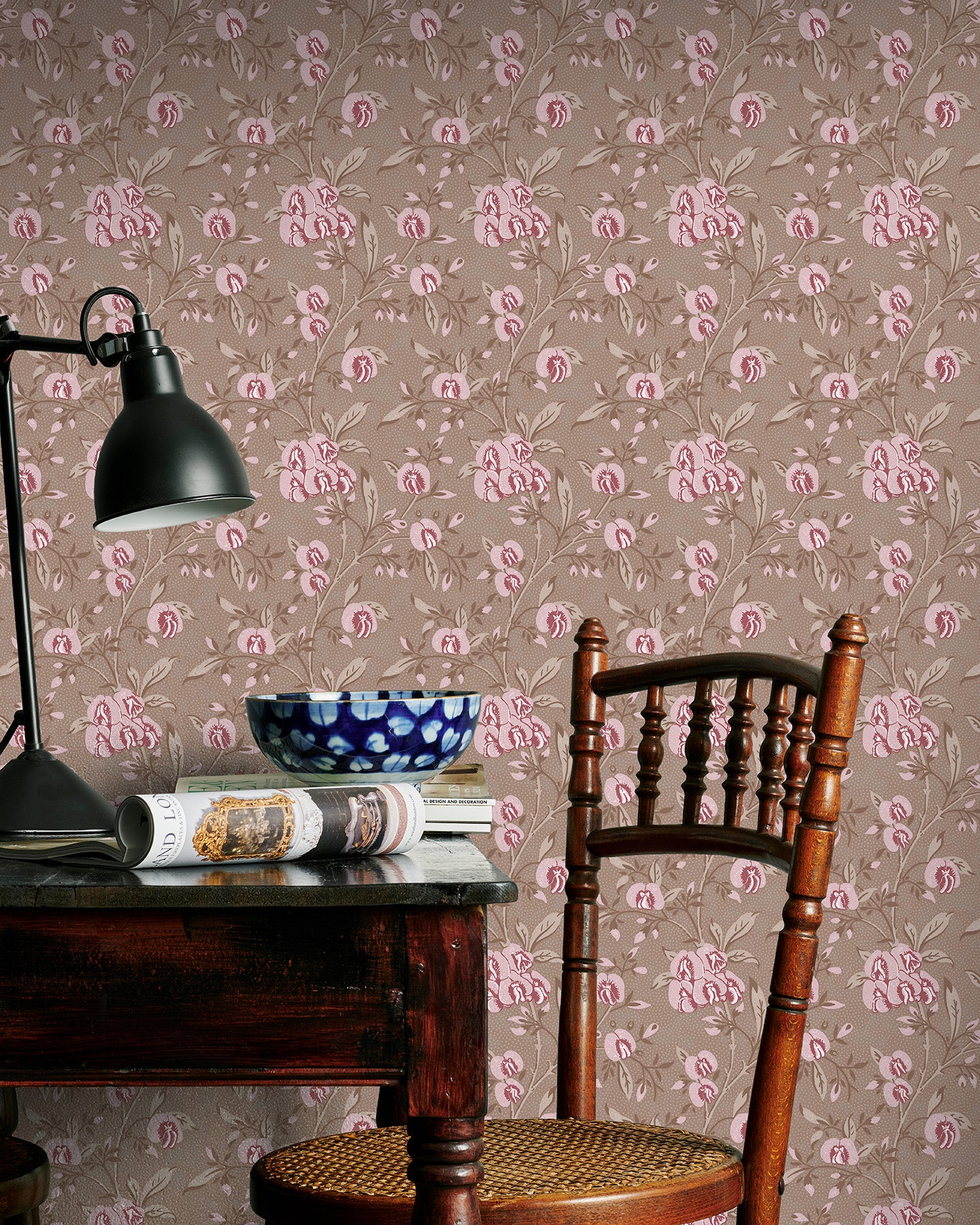 Utopia Goods pink and brown wallpaper portrait image - Designer floral wallpaper-Pea flower pink fudge wallpaper