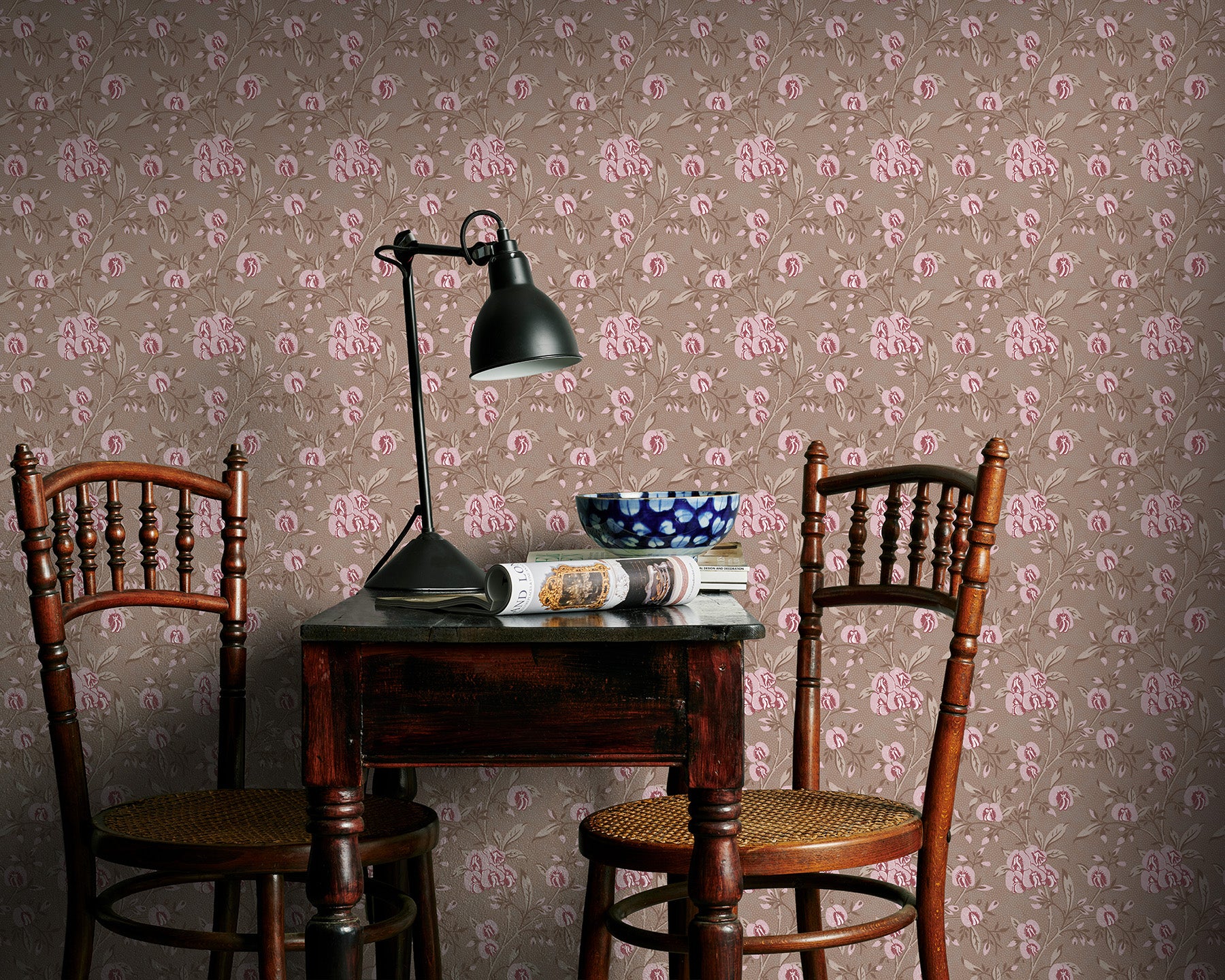 Utopia Goods pink and brown wallpaper portrait image - Designer floral wallpaper-Pea flower pink fudge wallpaper