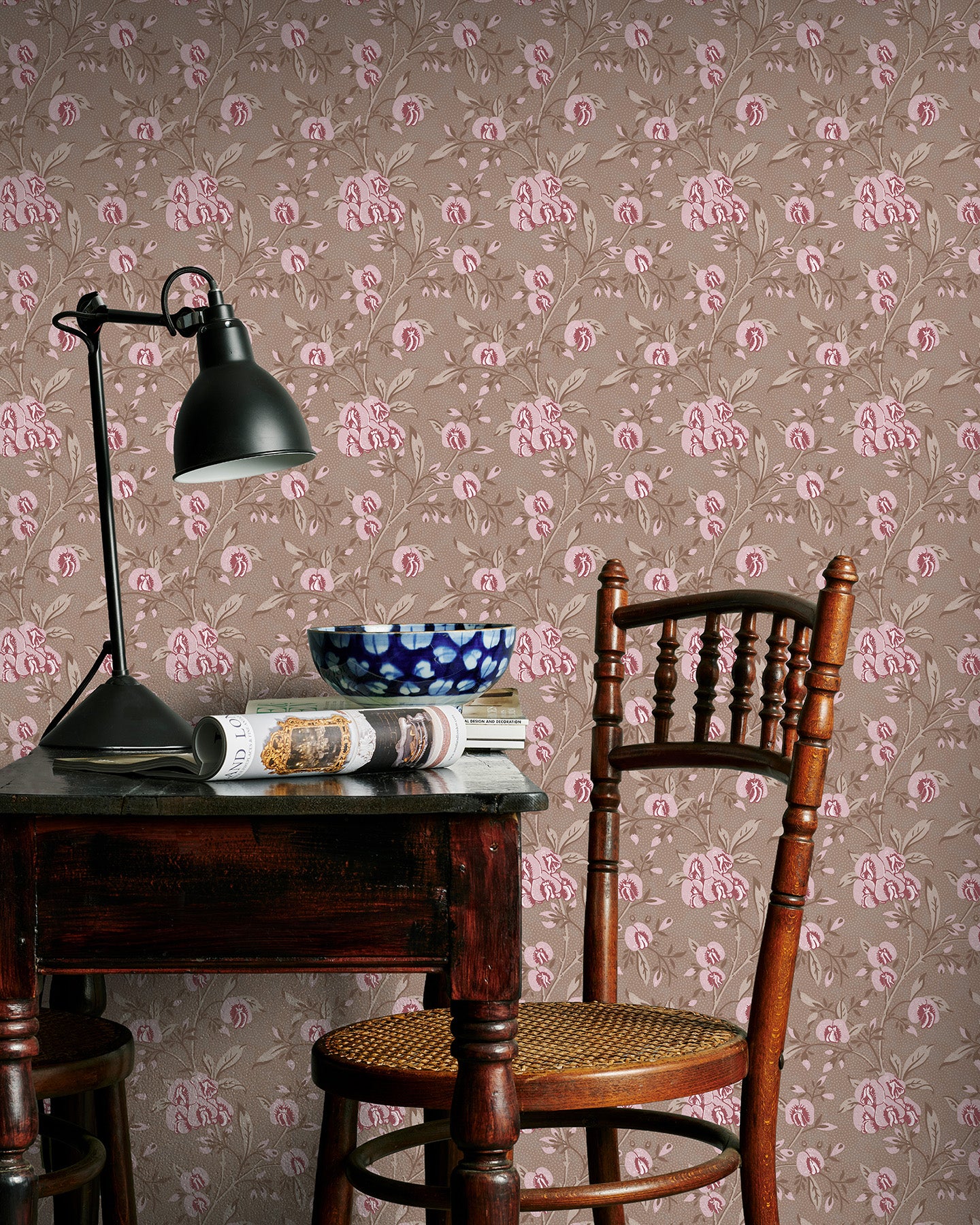 Utopia Goods pink and brown wallpaper portrait image - Designer floral wallpaper-Pea flower pink fudge wallpaper