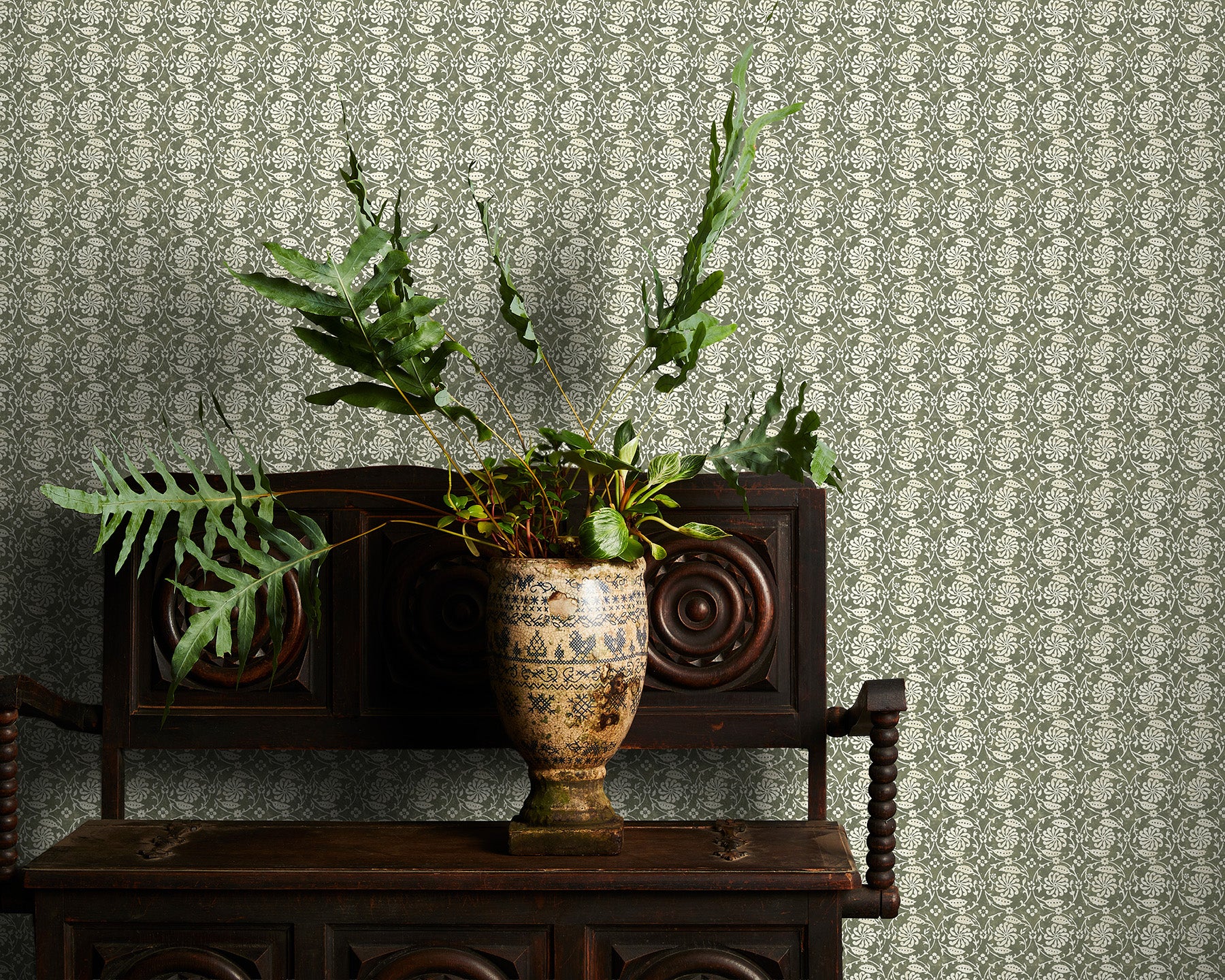 Utopia Goods green wallpaper - Designer floral wallpaper - Pinwheel Olive Wallpaper