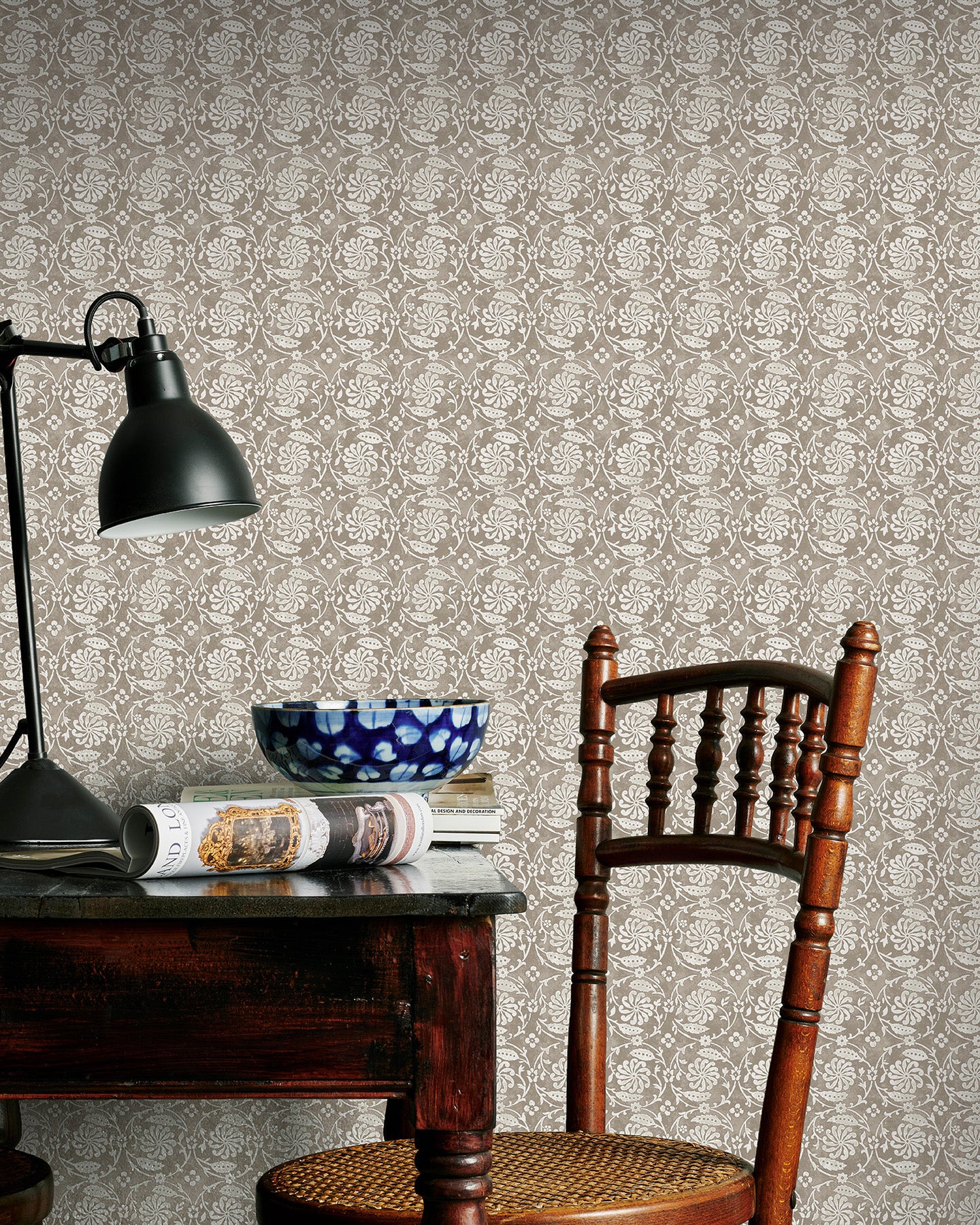 Utopia Goods beige wallpaper-Portrait Image-Designer floral wallpaper-Pinwheel Taupe Wallpaper