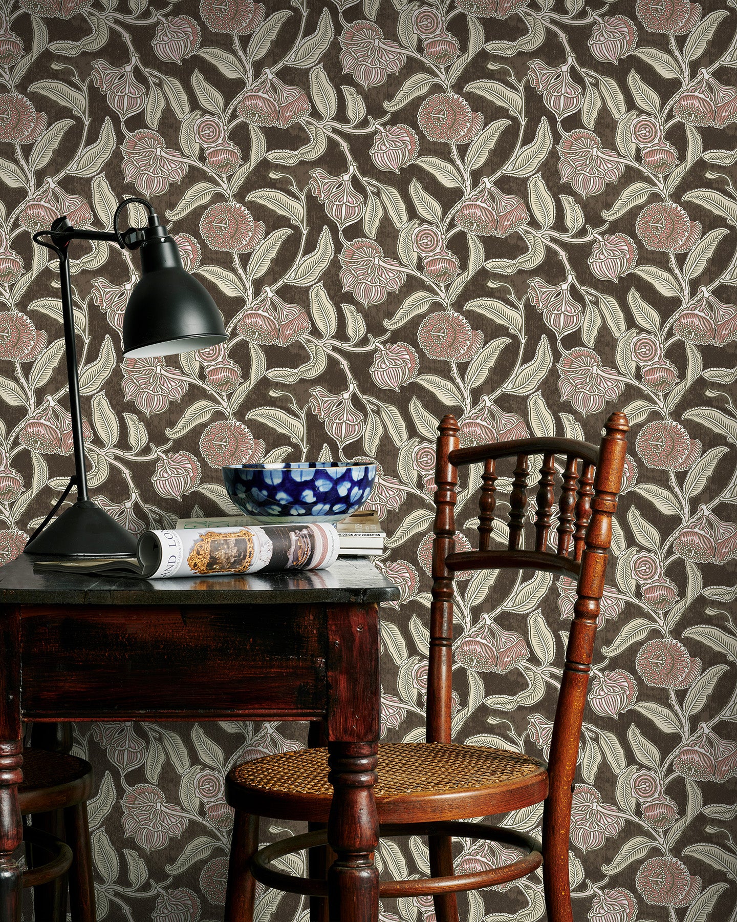 Utopia Goods brown wallpaper - Designer floral wallpaper-Youngiana Hot Chocolate Wallpaper