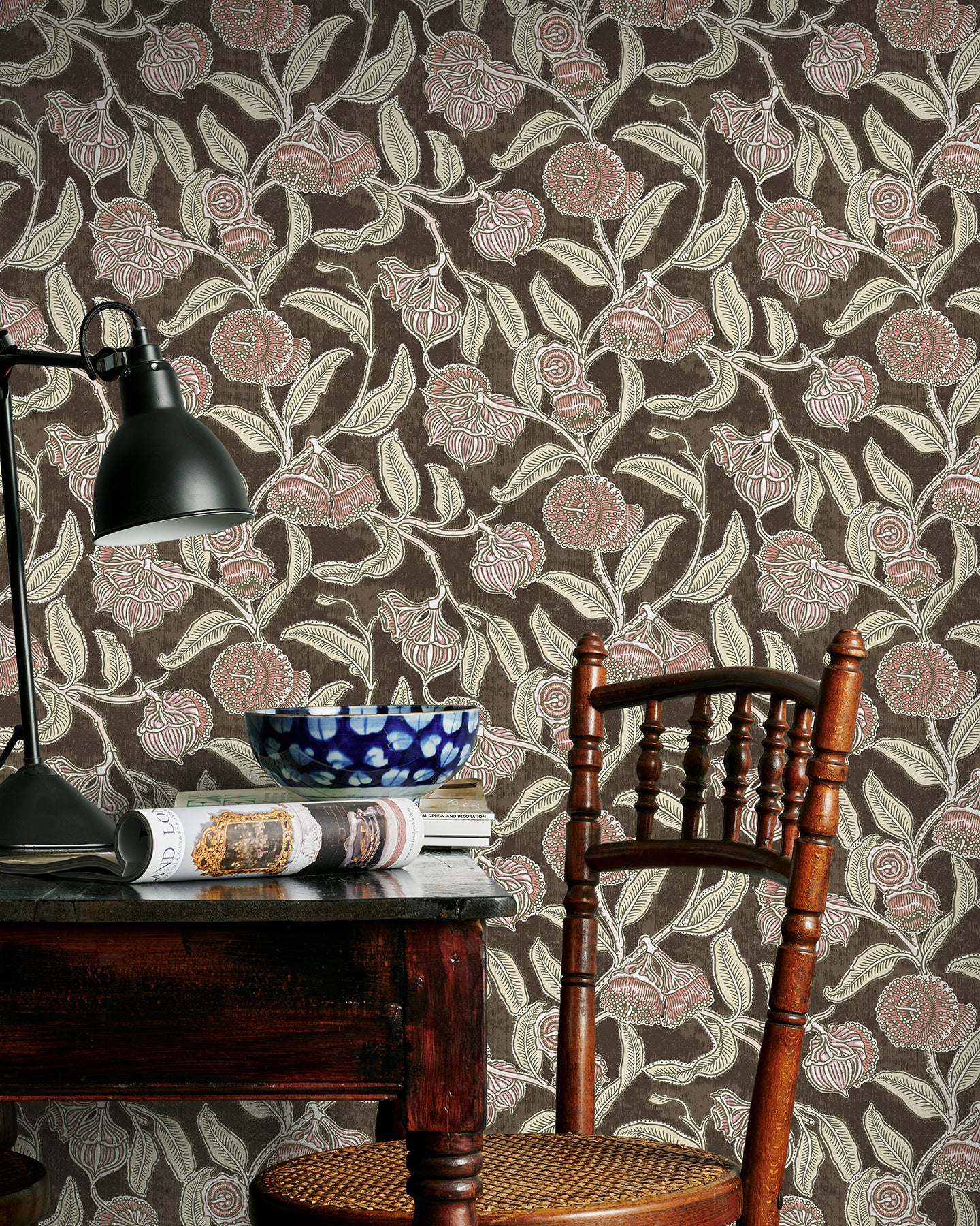 Utopia Goods brown wallpaper - Designer floral wallpaper-Youngiana Hot Chocolate Wallpaper