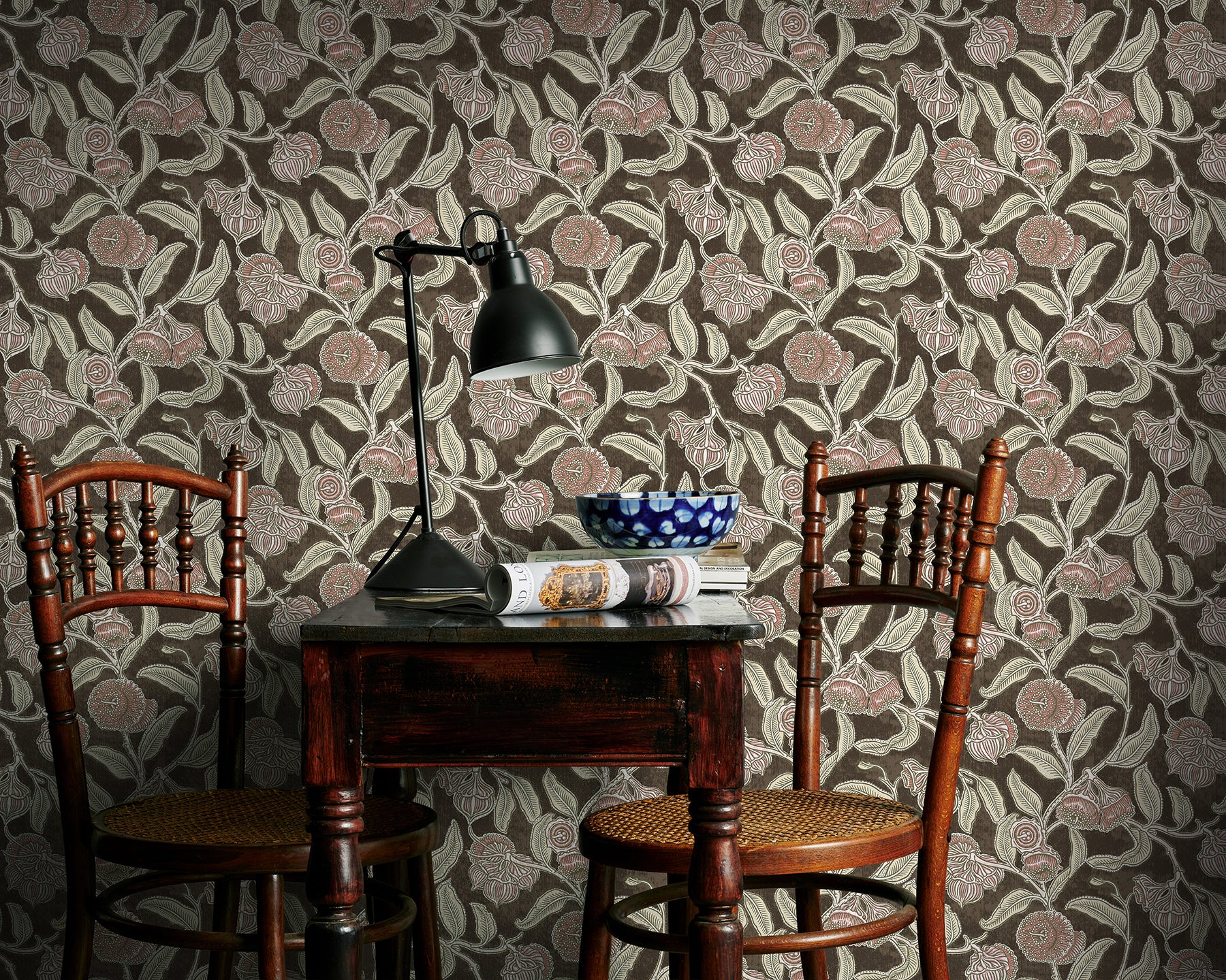 Utopia Goods brown wallpaper - Designer floral wallpaper-Youngiana Hot Chocolate Wallpaper